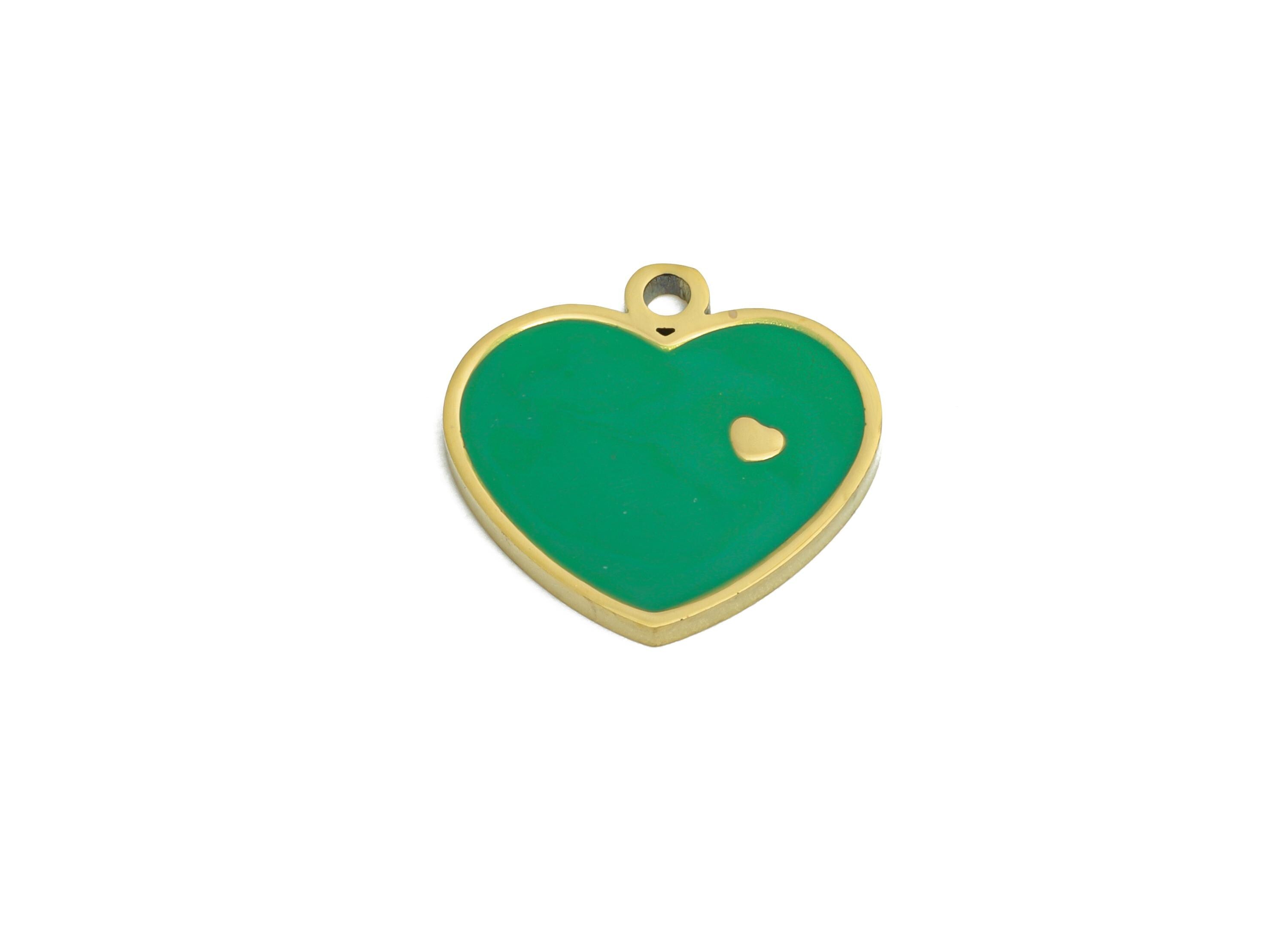 Stainless Steel Heart Charm - Enamel Green Heart Charm for Bracelet - Minimalist Colorful Pendant - Steel Jewelry - 11x12x1.25mm - SS1631 - DOMEDBAZAAR