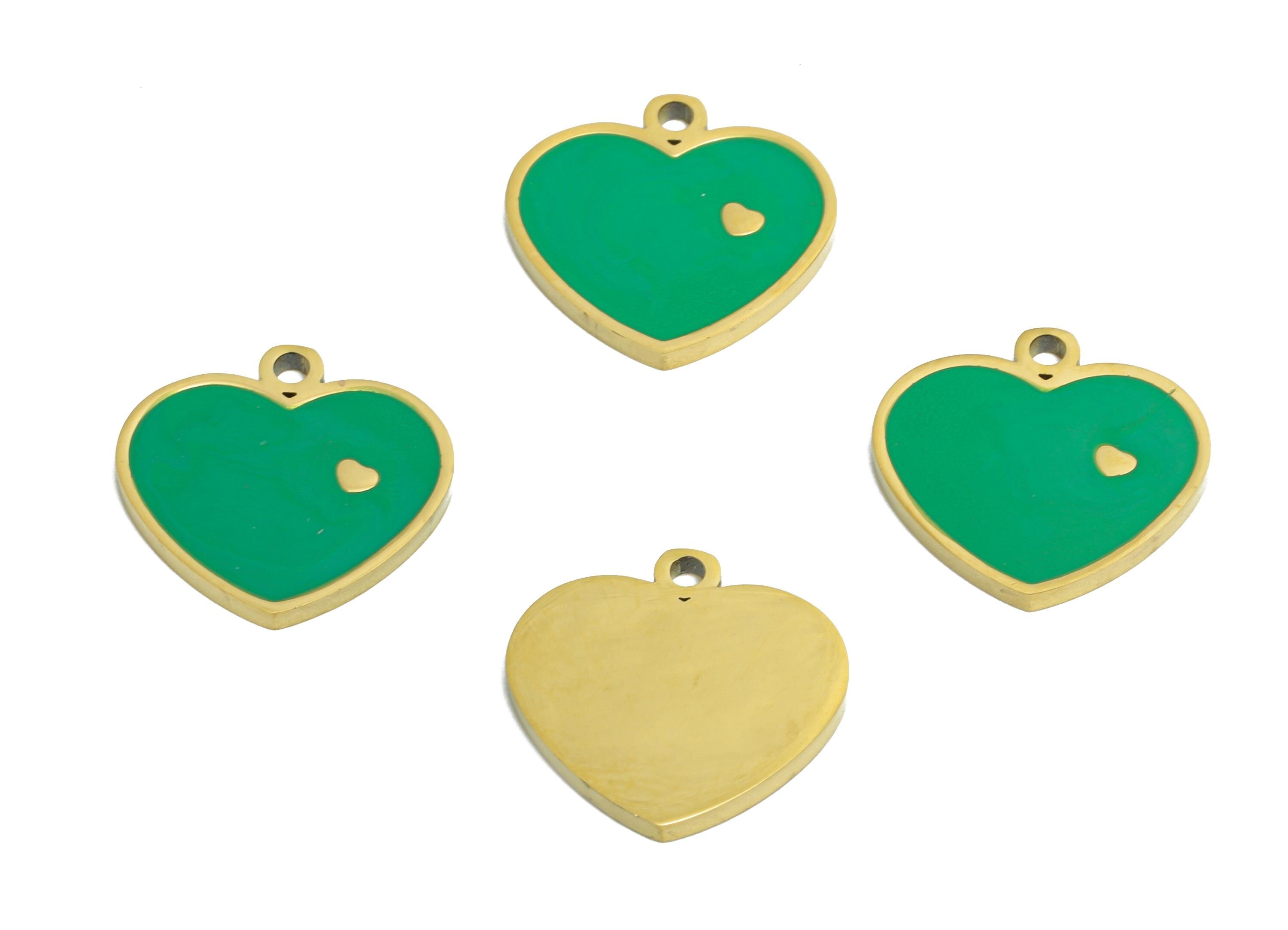 Stainless Steel Heart Charm - Enamel Green Heart Charm for Bracelet - Minimalist Colorful Pendant - Steel Jewelry - 11x12x1.25mm - SS1631 - DOMEDBAZAAR