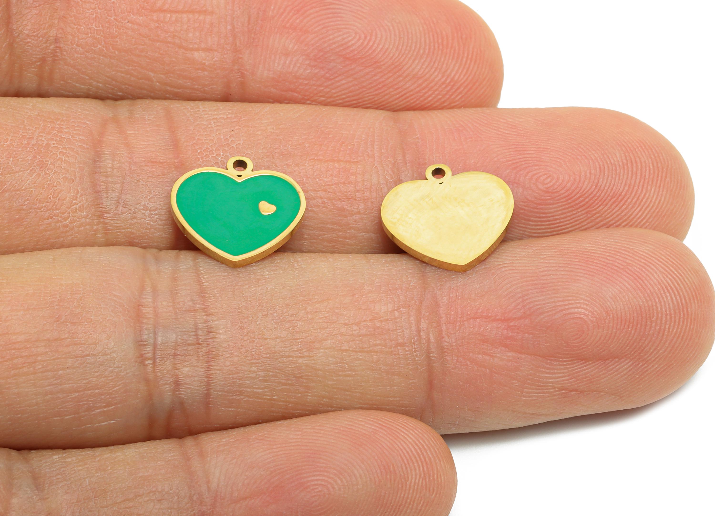 Stainless Steel Heart Charm - Enamel Green Heart Charm for Bracelet - Minimalist Colorful Pendant - Steel Jewelry - 11x12x1.25mm - SS1631 - DOMEDBAZAAR