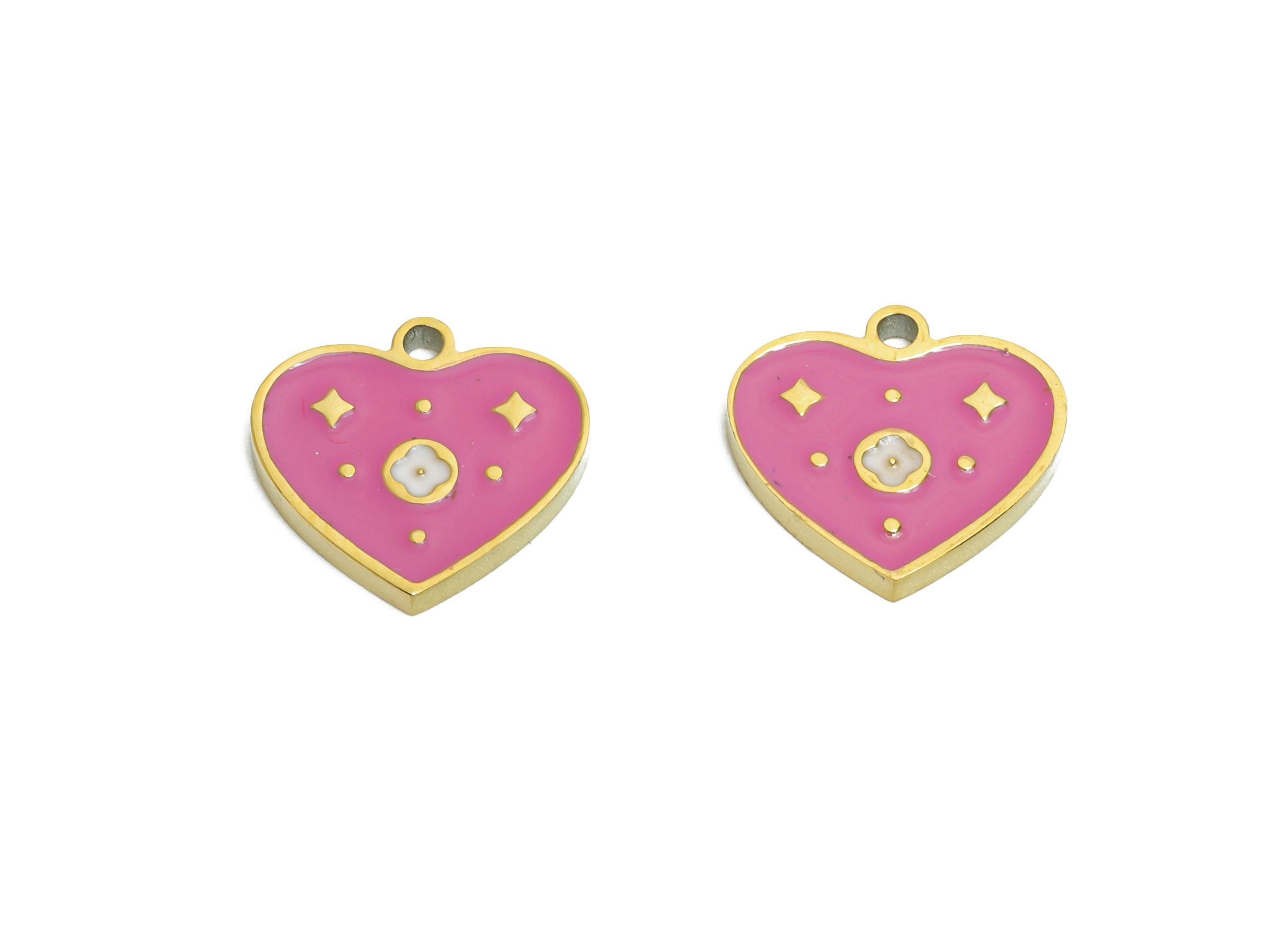 Stainless Steel Heart Charm - Enamel Pink Star Heart Charm for Bracelet - Minimalist Colorful Pendant - Steel Jewelry - 9.8x10x1mm - SS1638 - DOMEDBAZAAR
