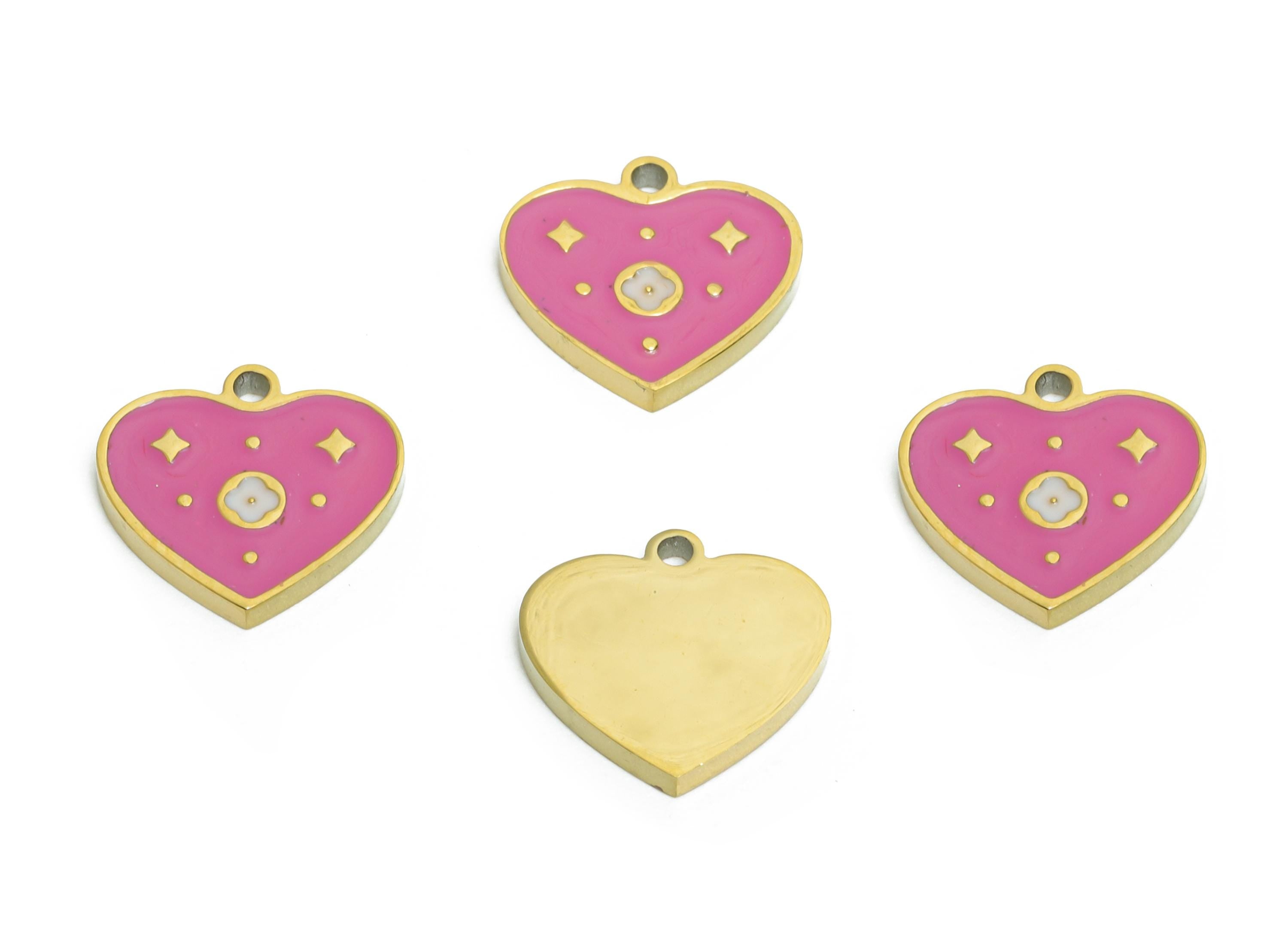 Stainless Steel Heart Charm - Enamel Pink Star Heart Charm for Bracelet - Minimalist Colorful Pendant - Steel Jewelry - 9.8x10x1mm - SS1638 - DOMEDBAZAAR