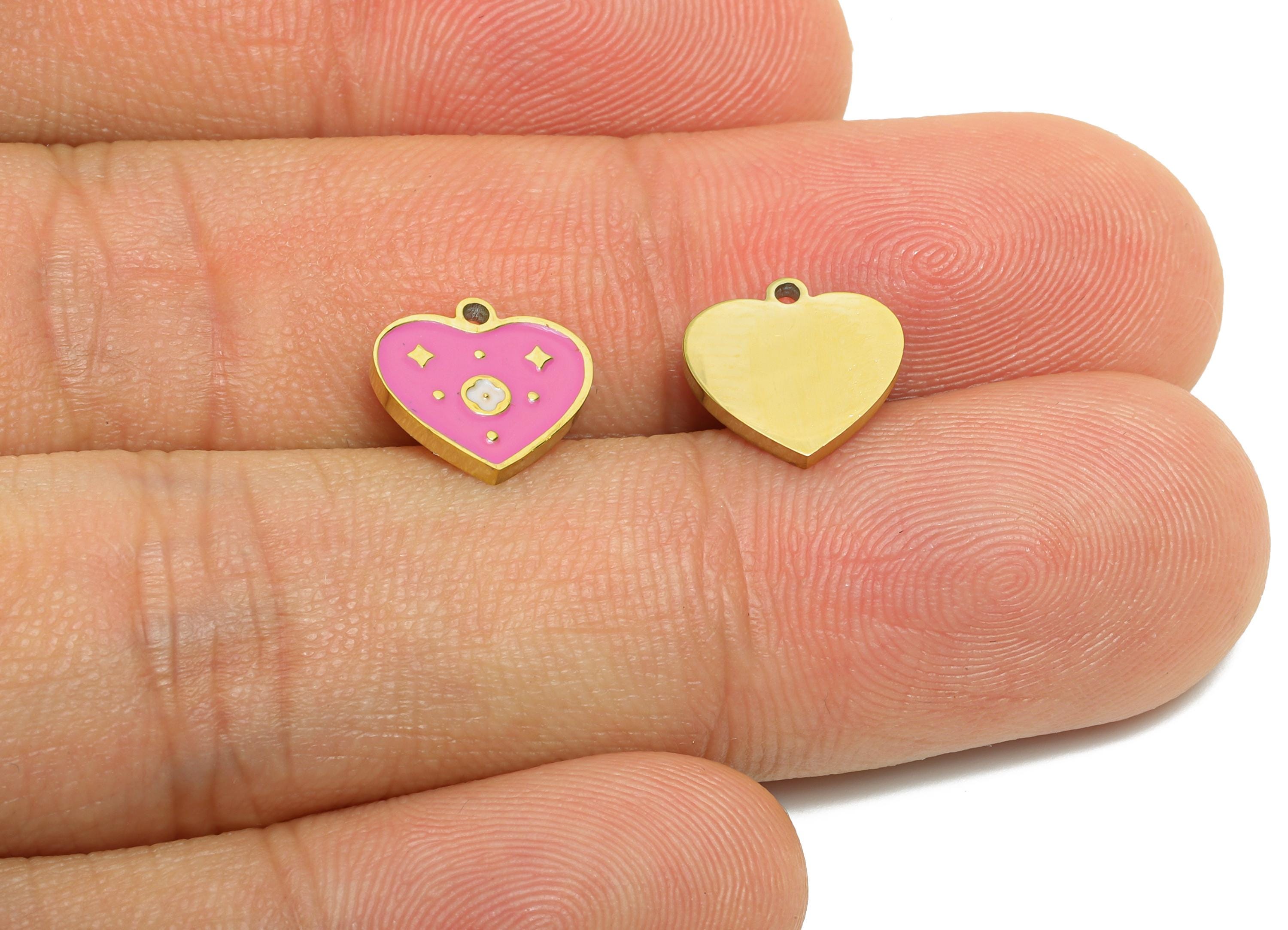 Stainless Steel Heart Charm - Enamel Pink Star Heart Charm for Bracelet - Minimalist Colorful Pendant - Steel Jewelry - 9.8x10x1mm - SS1638 - DOMEDBAZAAR