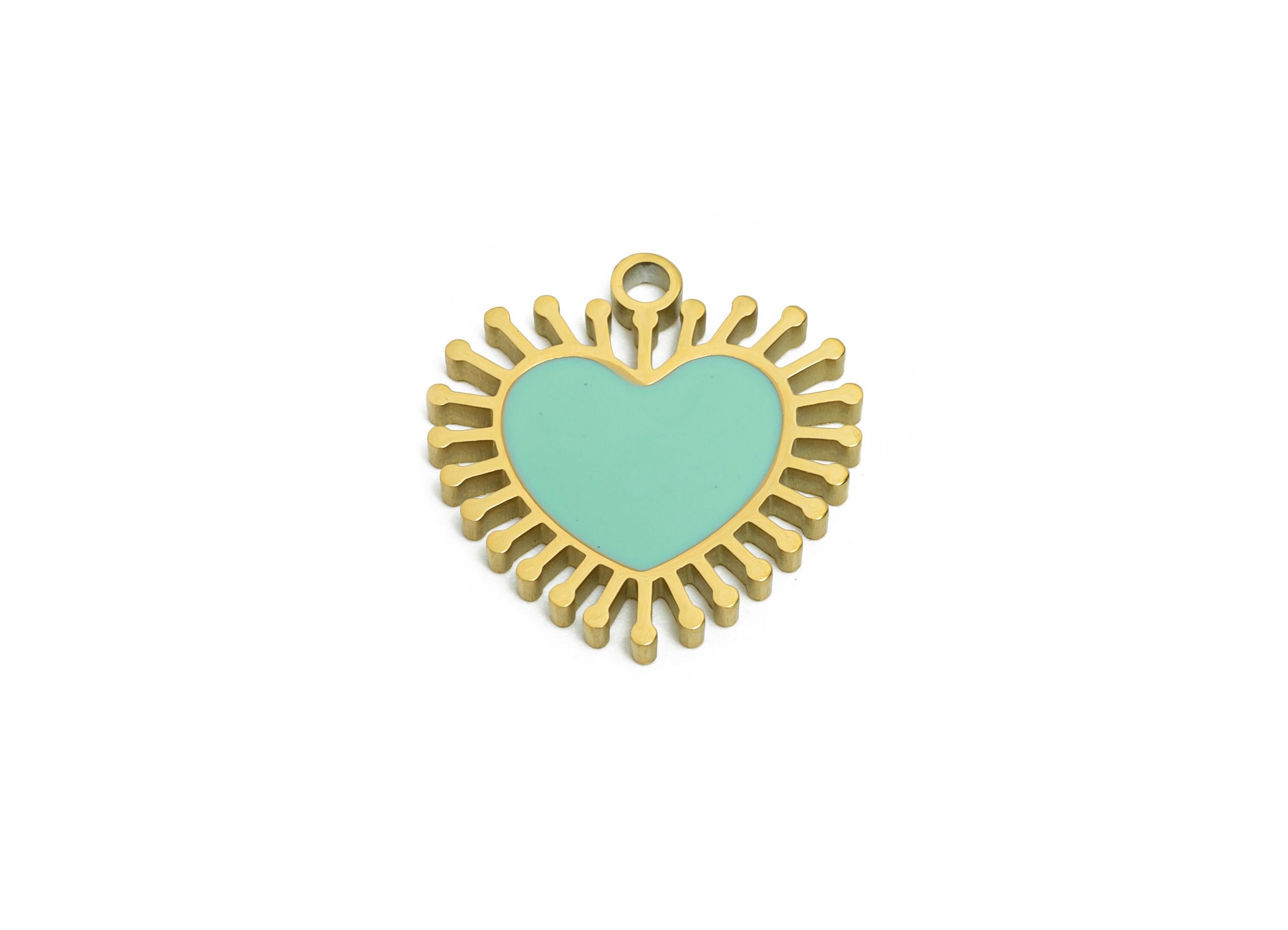 Stainless Steel Heart Charm - Enamel Sunburst Heart Charm for Bracelet - Minimalist Colorful Pendant - Steel Jewelry - 14x14x1.4mm - SS1618 - DOMEDBAZAAR