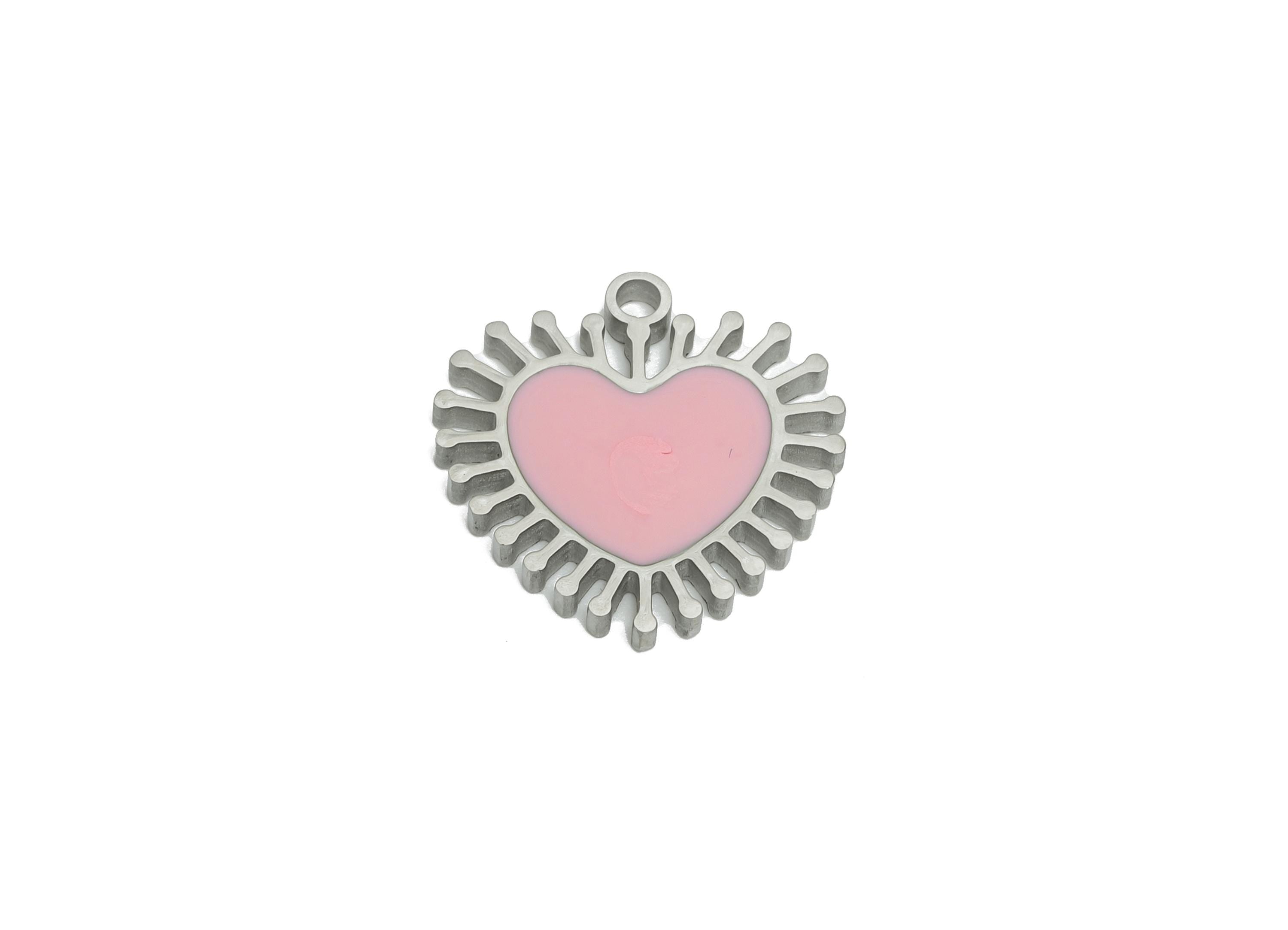 Stainless Steel Heart Charm - Enamel Sunburst Heart Charm for Bracelet - Minimalist Colorful Pendant - Steel Jewelry - 14x14x1mm - SS1633 - DOMEDBAZAAR