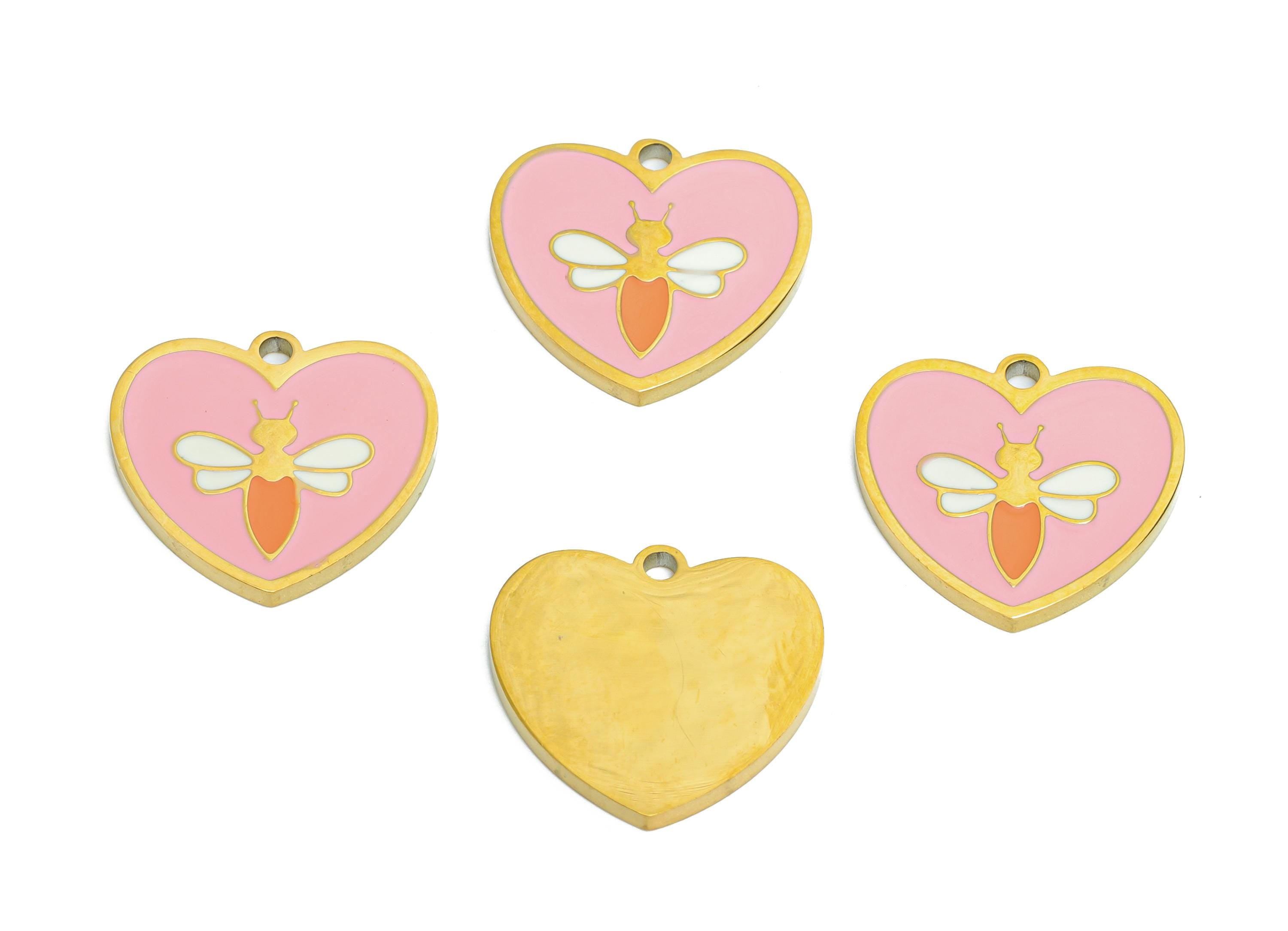 Stainless Steel Heart Charms - Dainty Enamel Heart Bee Pendant - Modern Pink Bee Motif Pendant - Whimsical Jewelry - 14x15.1x1.36mm - SS1666 - DOMEDBAZAAR