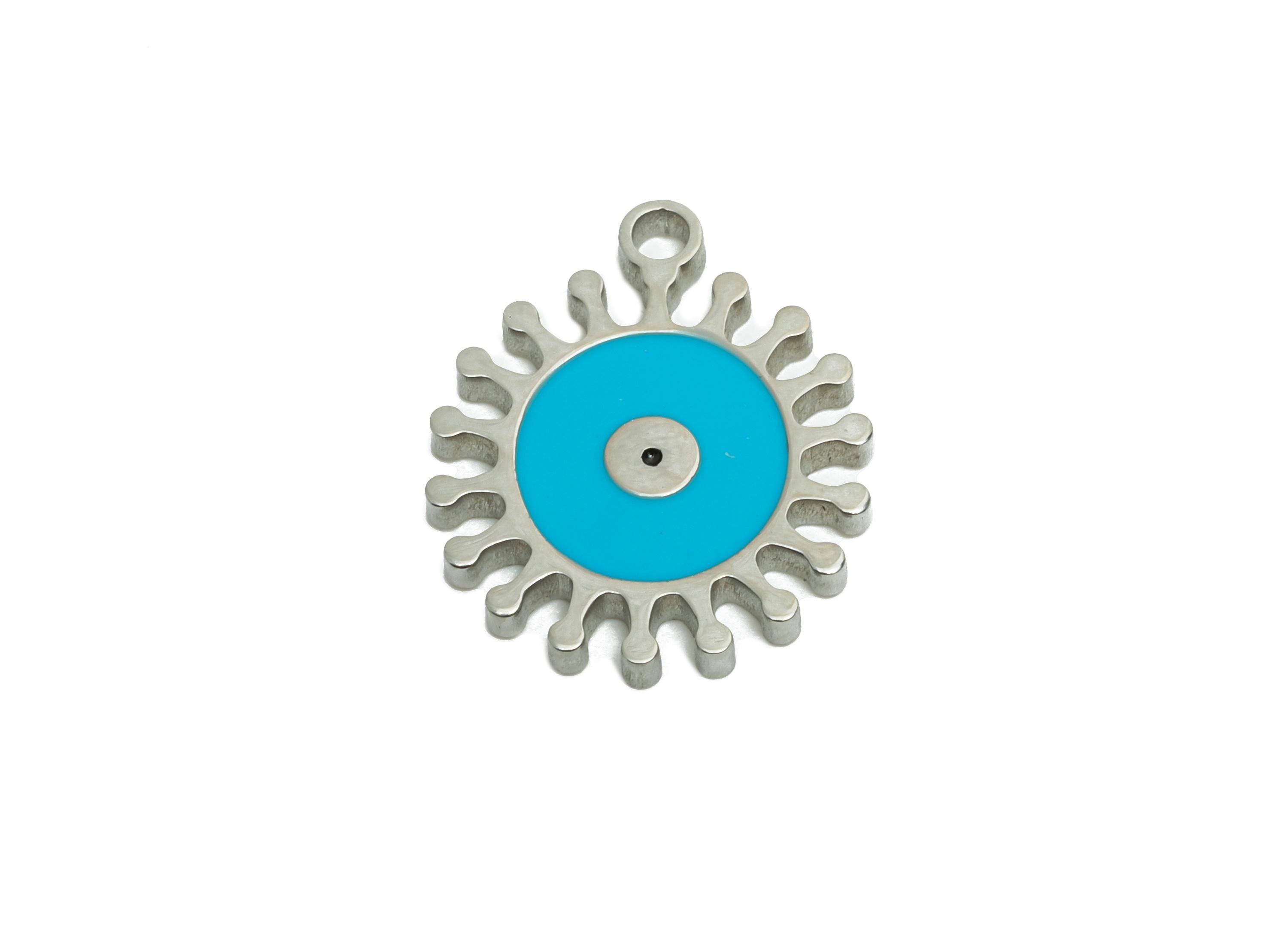 Stainless Steel Evil Eye Charm - Boho Enamel Sunburst Charm for Bracelet - Protective Amulet Pendant - Steel Jewelry - 14x12x1.38mm - SS1629 - DOMEDBAZAAR