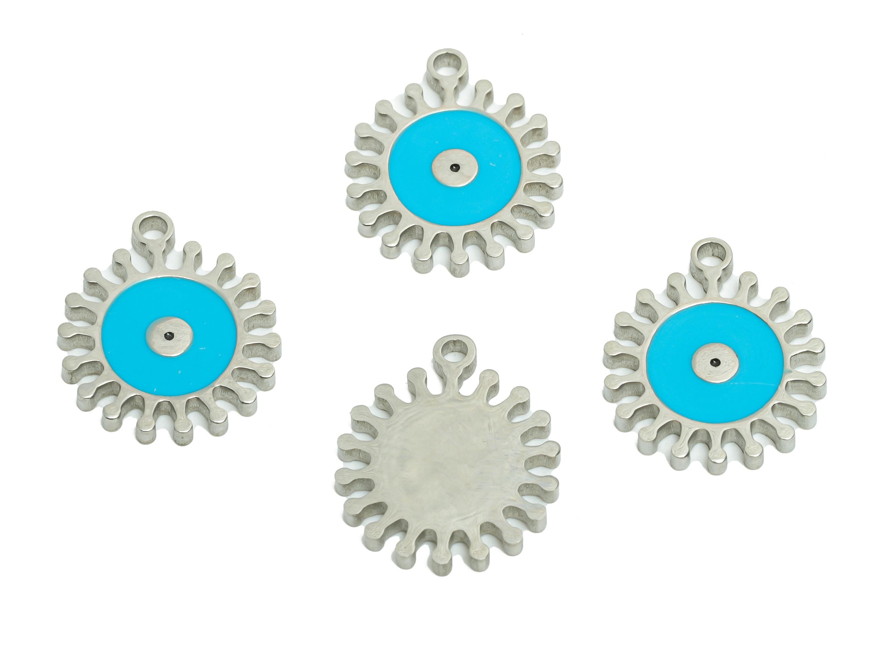 Stainless Steel Evil Eye Charm - Boho Enamel Sunburst Charm for Bracelet - Protective Amulet Pendant - Steel Jewelry - 14x12x1.38mm - SS1629 - DOMEDBAZAAR