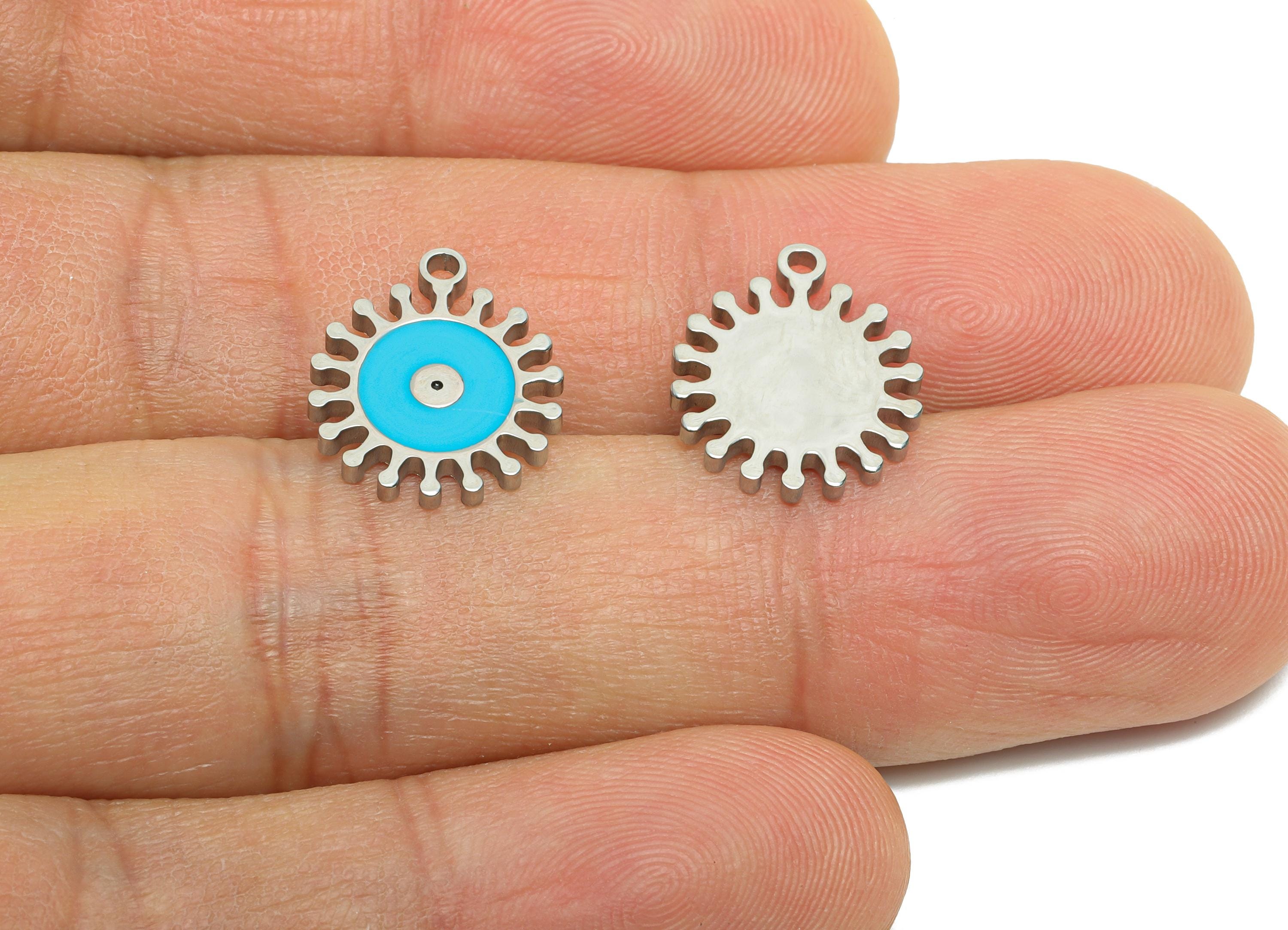 Stainless Steel Evil Eye Charm - Boho Enamel Sunburst Charm for Bracelet - Protective Amulet Pendant - Steel Jewelry - 14x12x1.38mm - SS1629 - DOMEDBAZAAR