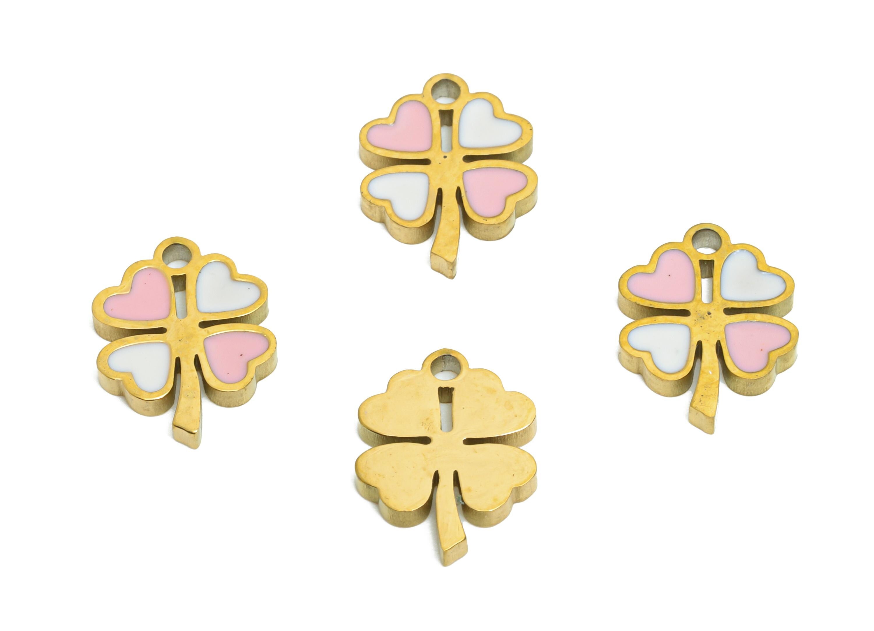 Stainless Steel Floral Charms - Dainty Enamel Clover Charm - Modern Flower Summer Pendant - Lucky Clover Jewelry - 10.66x8.56x1mm - SS1637 - DOMEDBAZAAR