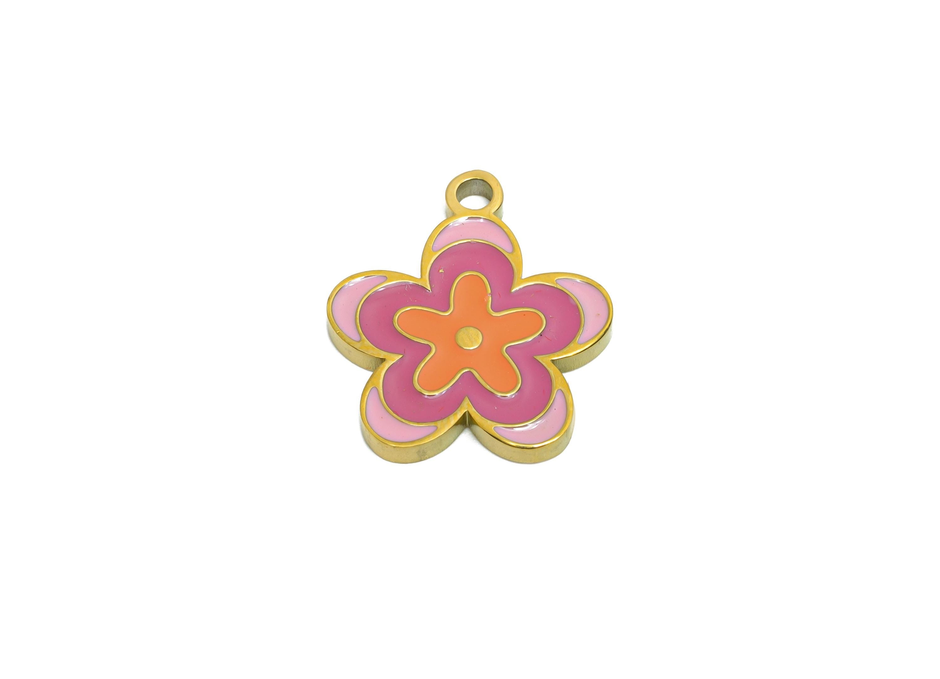 Stainless Steel Flower Charm - Colorful Enamel Botanical Charm for Bracelet - 316L Stainless Steel - Vibrant Jewelry - 17x14.8x1.6mm -SS1665 - DOMEDBAZAAR