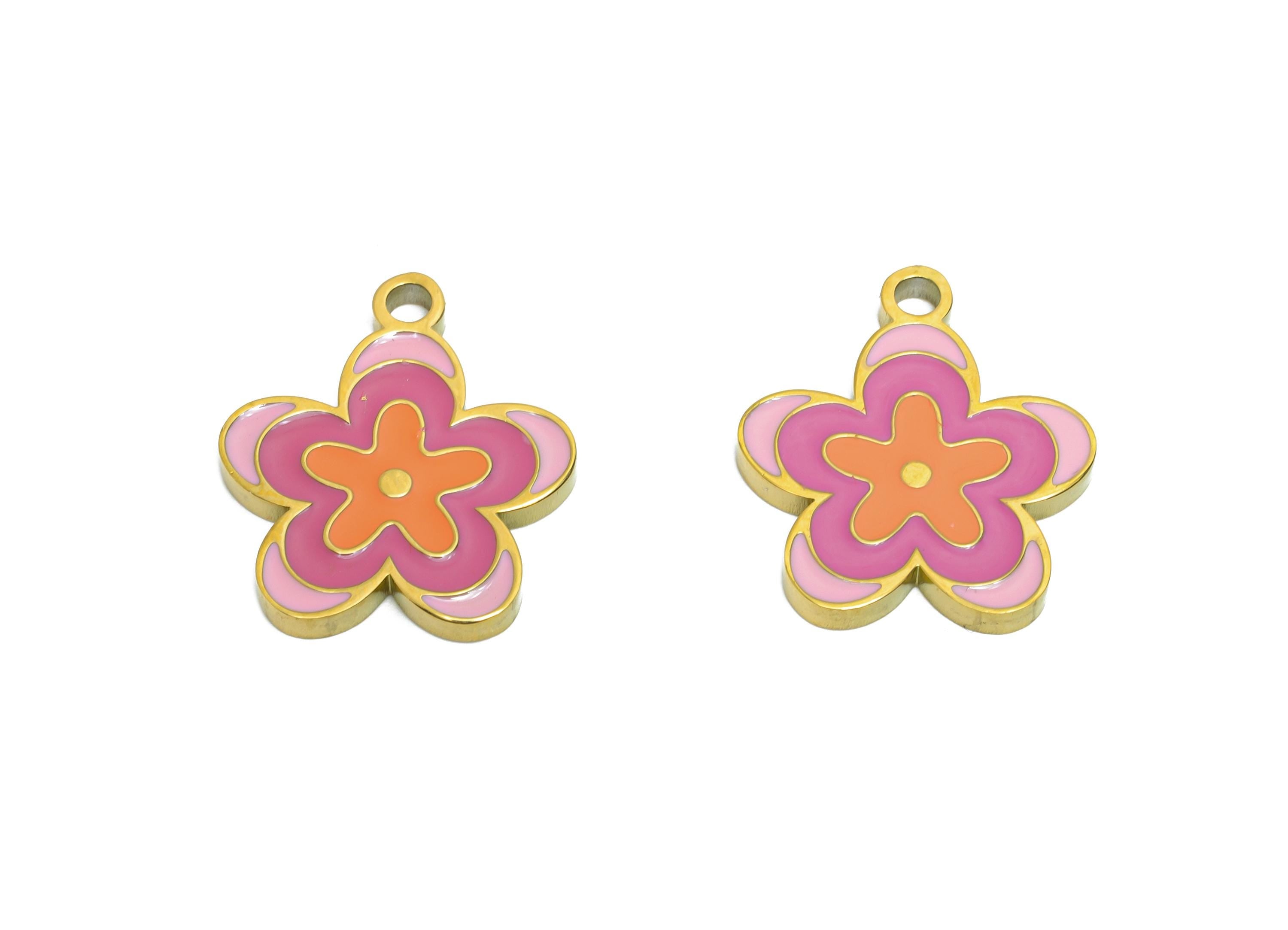 Stainless Steel Flower Charm - Colorful Enamel Botanical Charm for Bracelet - 316L Stainless Steel - Vibrant Jewelry - 17x14.8x1.6mm -SS1665 - DOMEDBAZAAR