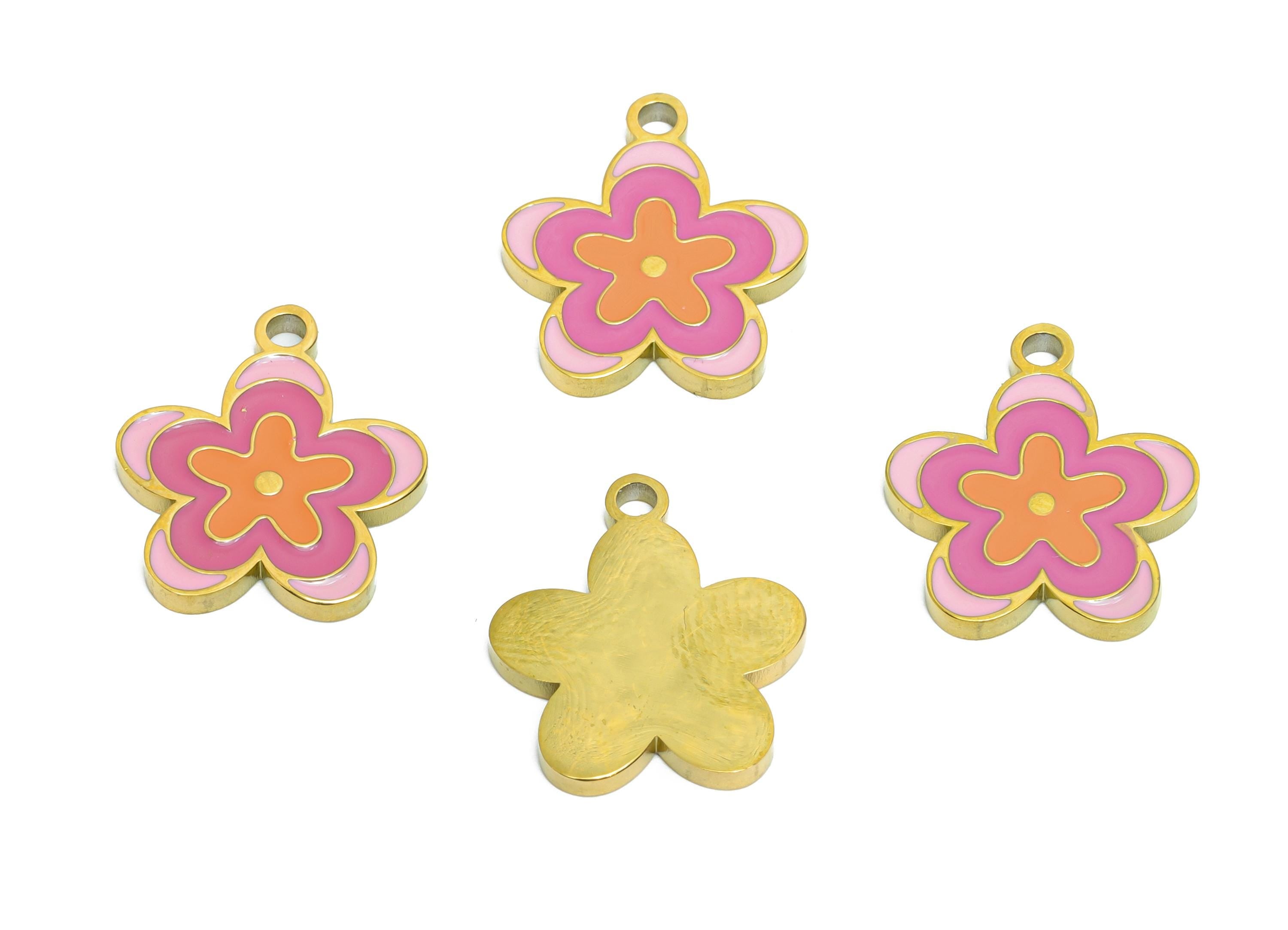 Stainless Steel Flower Charm - Colorful Enamel Botanical Charm for Bracelet - 316L Stainless Steel - Vibrant Jewelry - 17x14.8x1.6mm -SS1665 - DOMEDBAZAAR