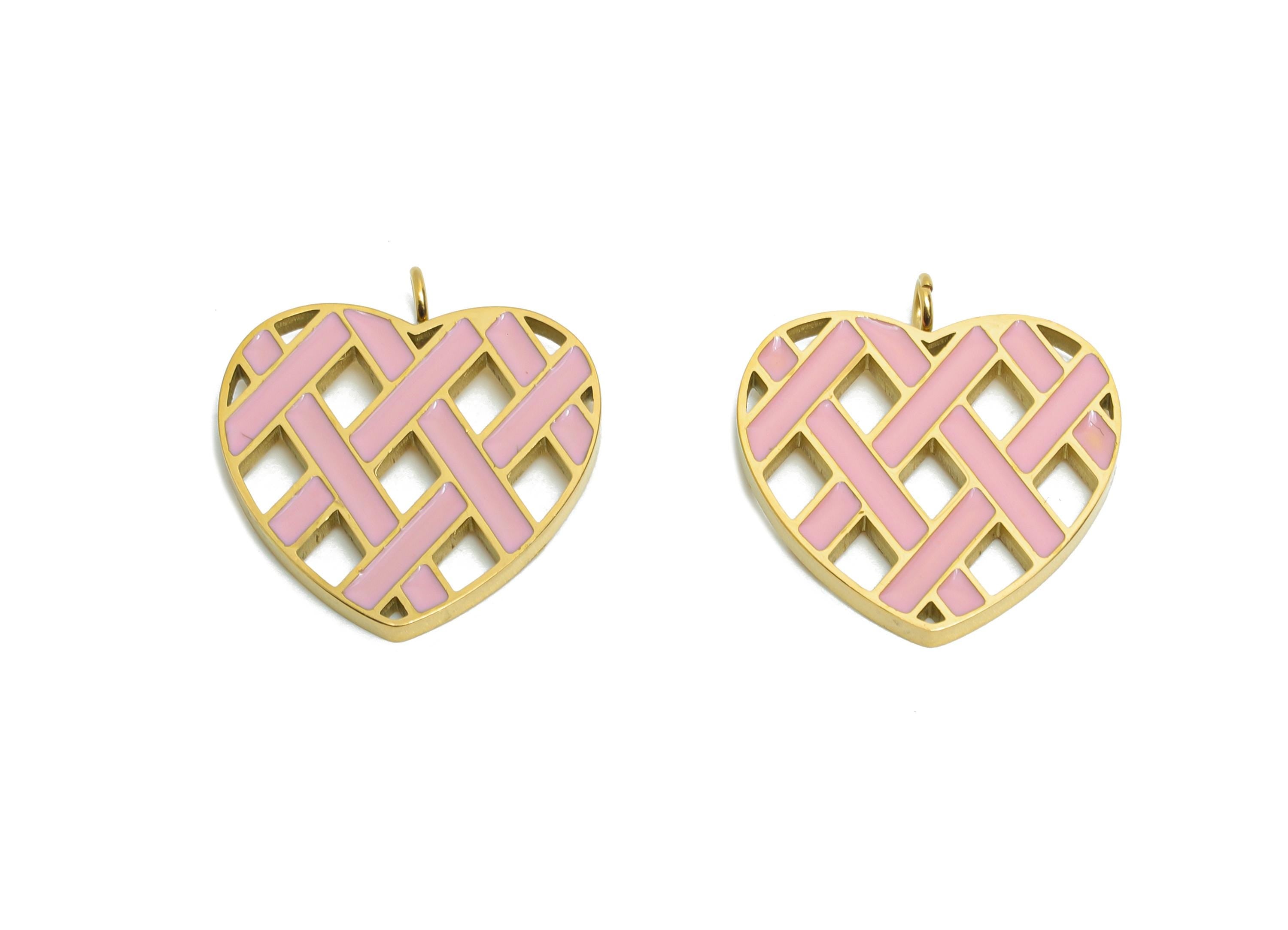 Stainless Steel Heart Charms - Enamel Heart Lattice Pendant - Modern Heart Pendant - Minimalist Pink Heart Charm - 17x15x1mm - SS1667 - DOMEDBAZAAR