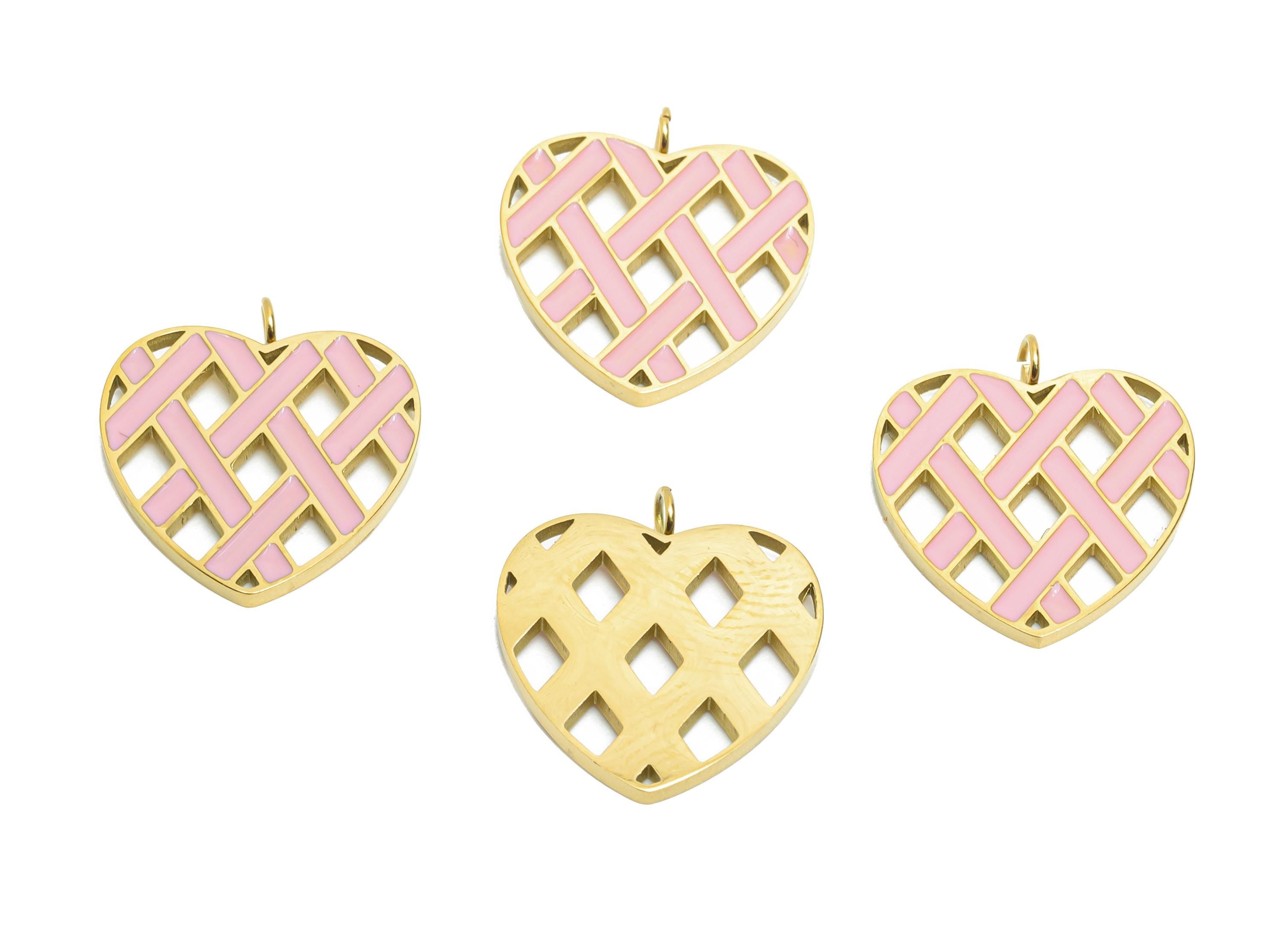 Stainless Steel Heart Charms - Enamel Heart Lattice Pendant - Modern Heart Pendant - Minimalist Pink Heart Charm - 17x15x1mm - SS1667 - DOMEDBAZAAR