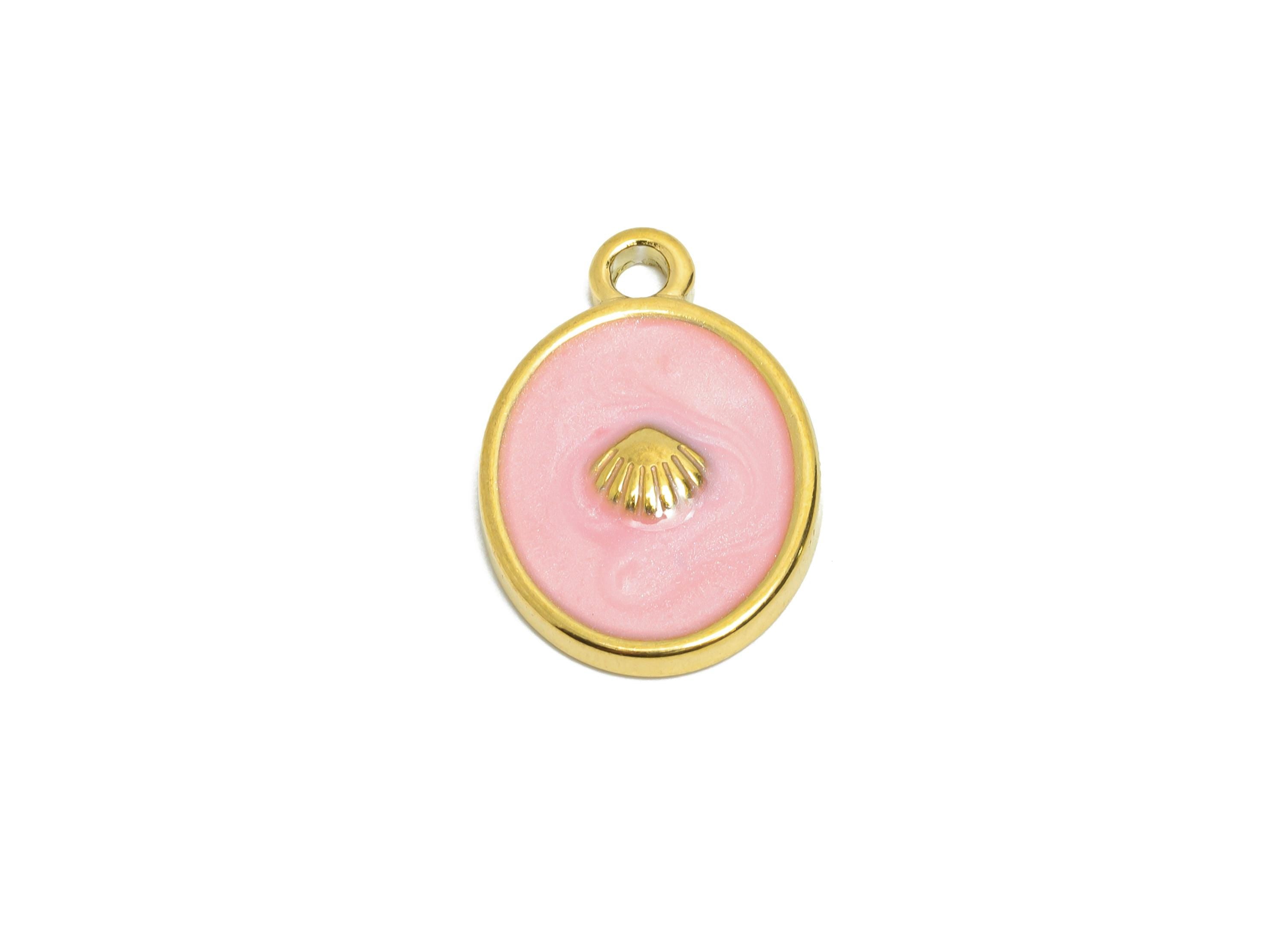 Stainless Steel Oval Charm - Elegant Pink Enamel Shell Pendant - 316L Stainless Steel - Elegant Steel Jewelry - 19.84x13.65x2.76mm - SS1662 - DOMEDBAZAAR
