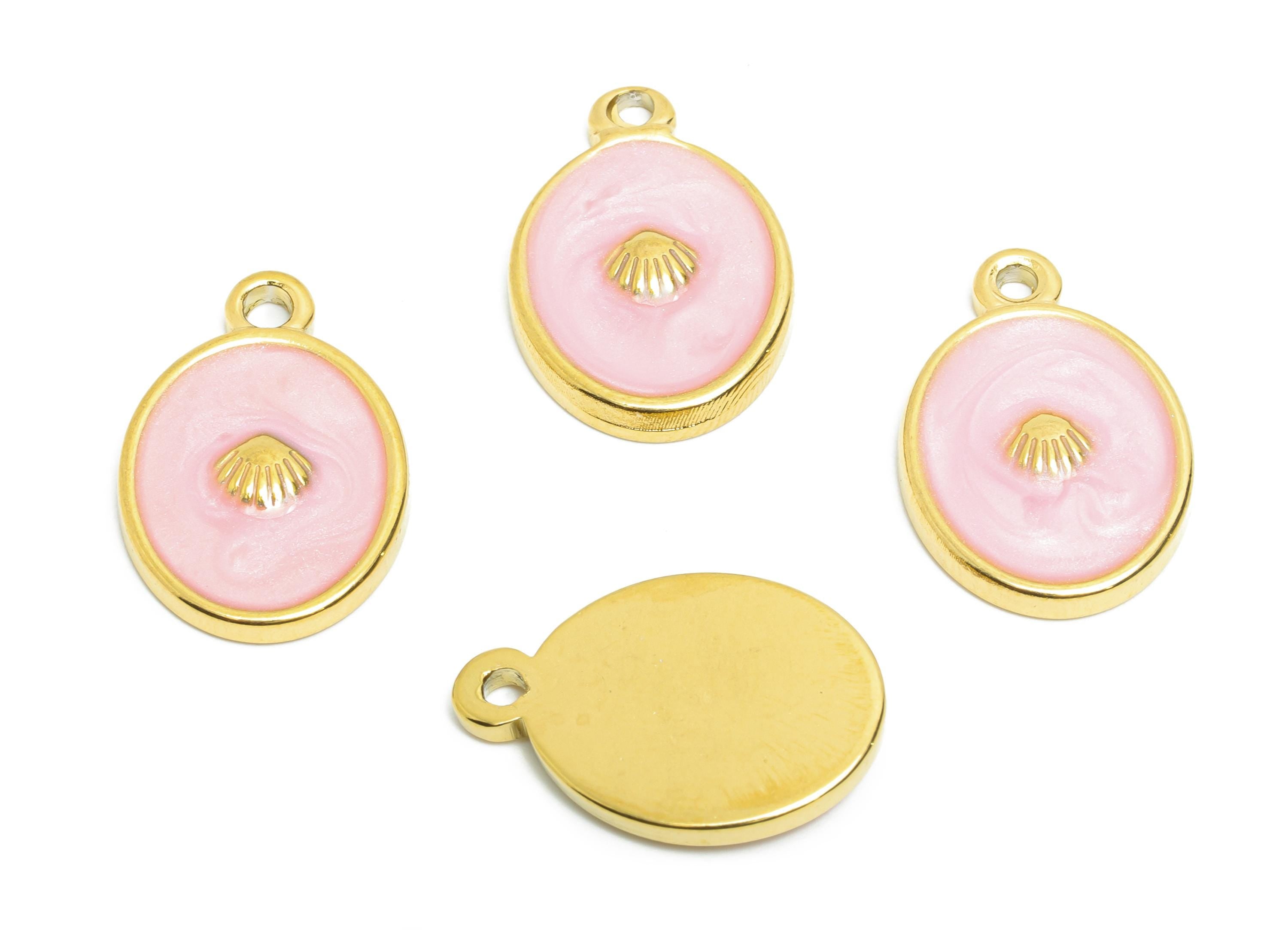 Stainless Steel Oval Charm - Elegant Pink Enamel Shell Pendant - 316L Stainless Steel - Elegant Steel Jewelry - 19.84x13.65x2.76mm - SS1662 - DOMEDBAZAAR