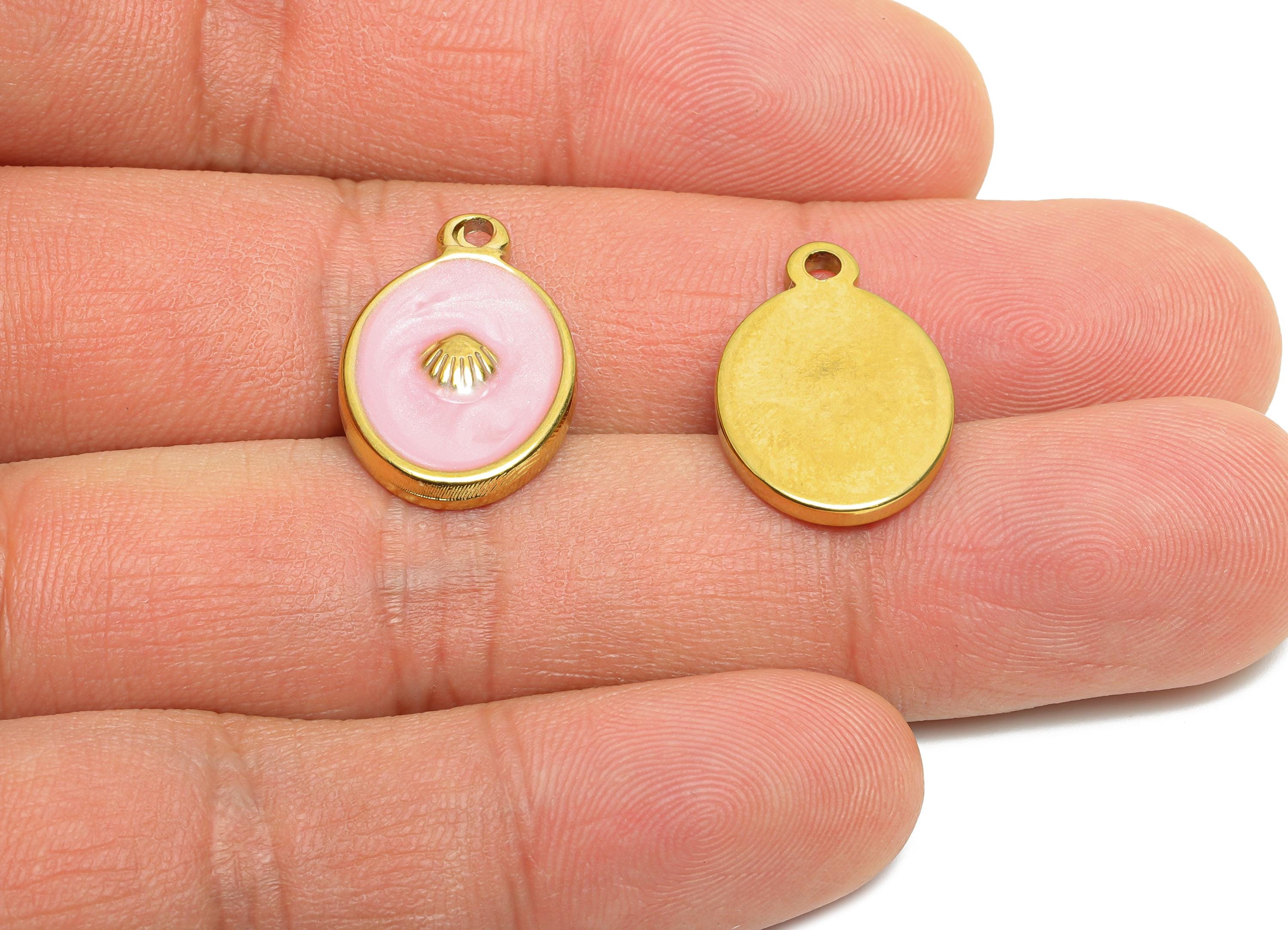 Stainless Steel Oval Charm - Elegant Pink Enamel Shell Pendant - 316L Stainless Steel - Elegant Steel Jewelry - 19.84x13.65x2.76mm - SS1662 - DOMEDBAZAAR