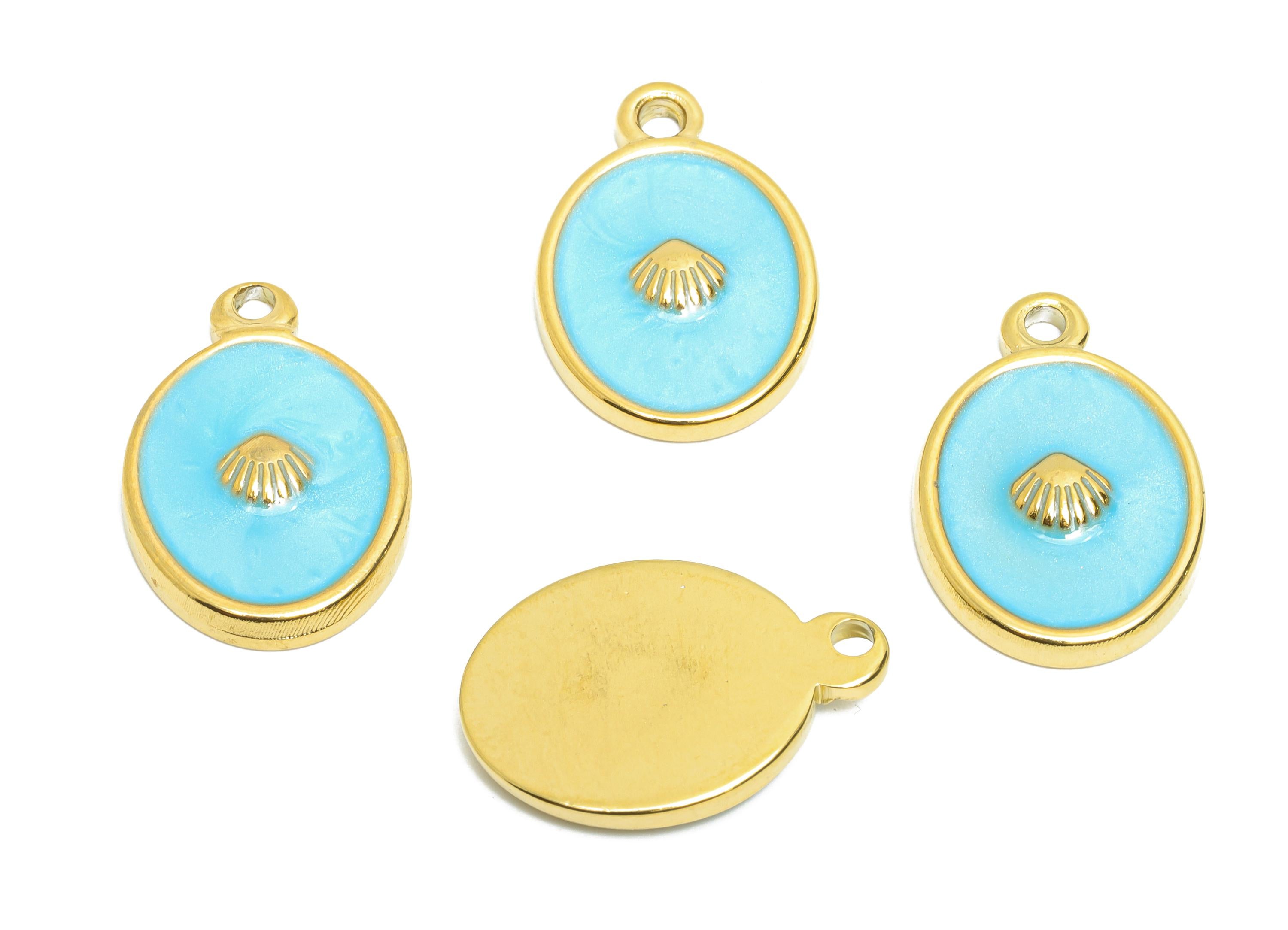 Stainless Steel Oval Charms - Unique Blue Enamel Shell Pendant - 316L Stainless Steel - Elegant Steel Jewelry - 19.88x13.62x2.78mm - SS1644 - DOMEDBAZAAR