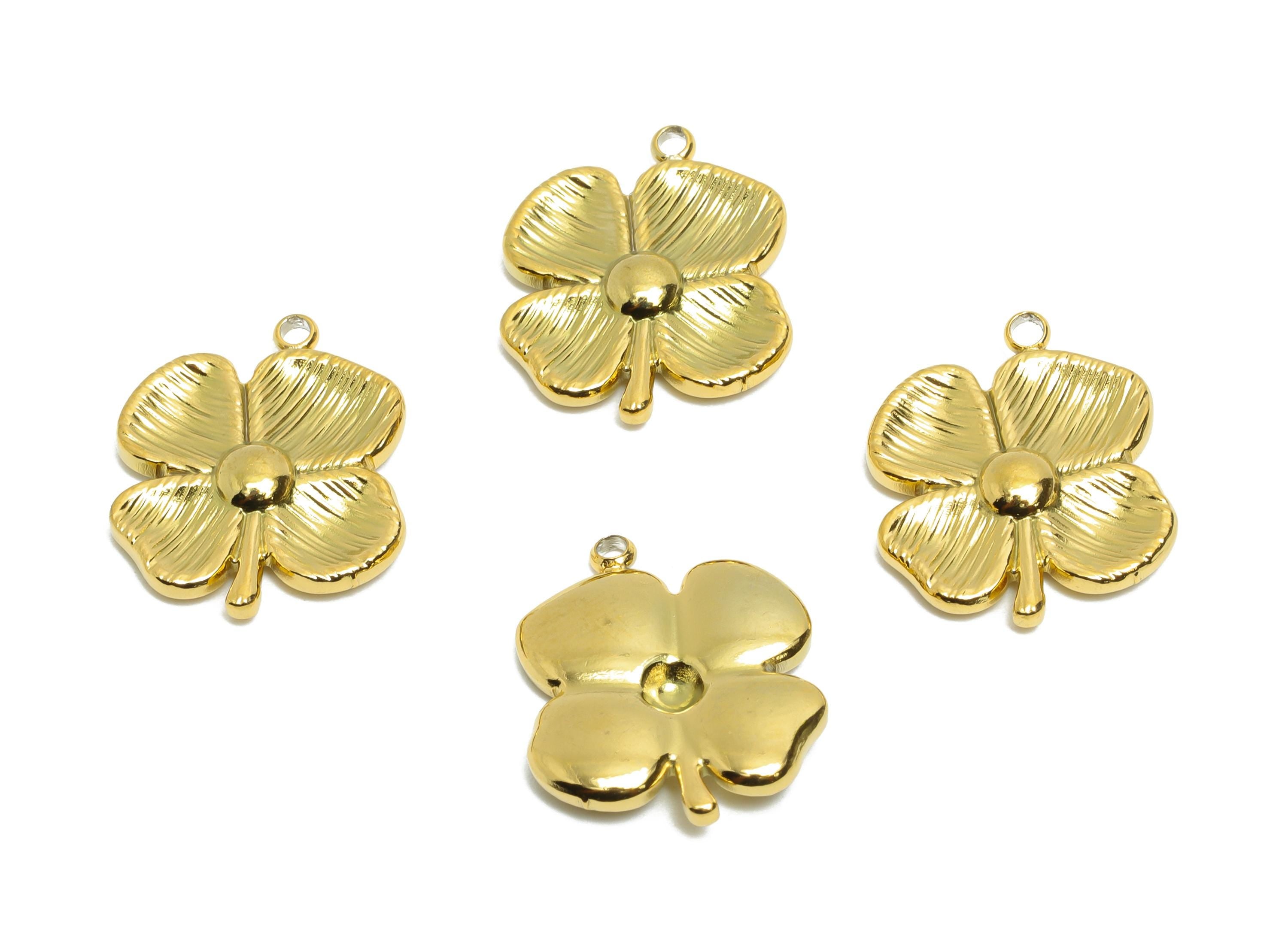 Steel Flower Charm - Gold Color Textured Floral Pendant - Lucky Clover Pendant - Steel Four-Leaf Clover Charm - 17x15x2mm - SS1641 - DOMEDBAZAAR