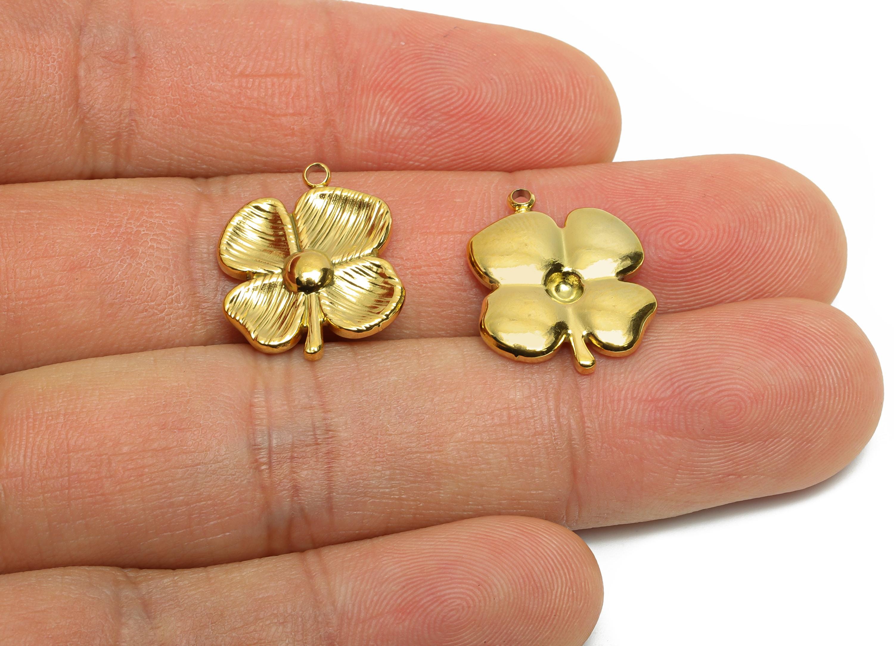 Steel Flower Charm - Gold Color Textured Floral Pendant - Lucky Clover Pendant - Steel Four-Leaf Clover Charm - 17x15x2mm - SS1641 - DOMEDBAZAAR