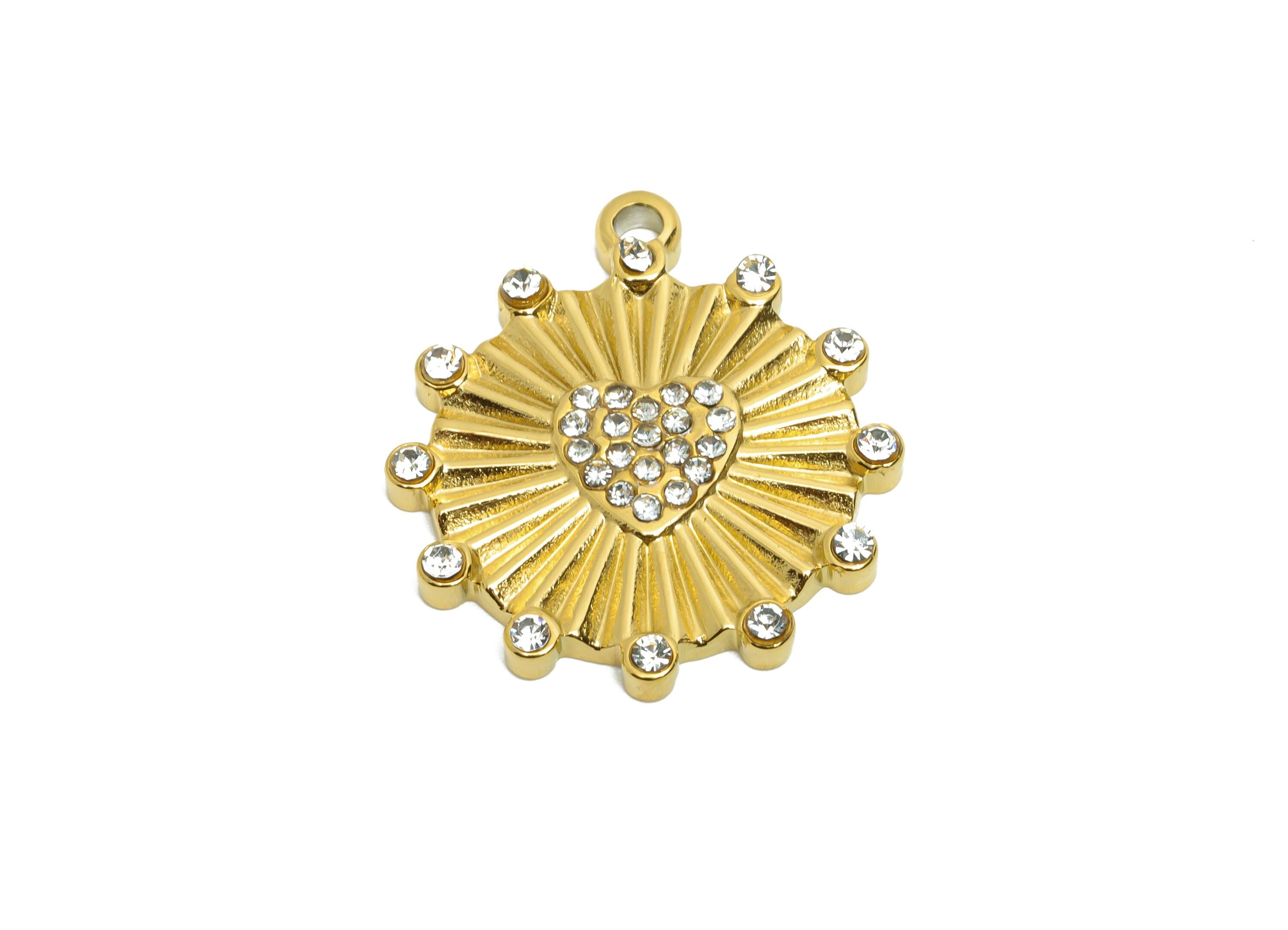 Stainless Steel Heart Charms - Textured Zircon Sunburst Heart Pendant - Shiny Sunray Heart Pendant - Steel Accessory - 22x19x2.53mm - SS1613 - DOMEDBAZAAR