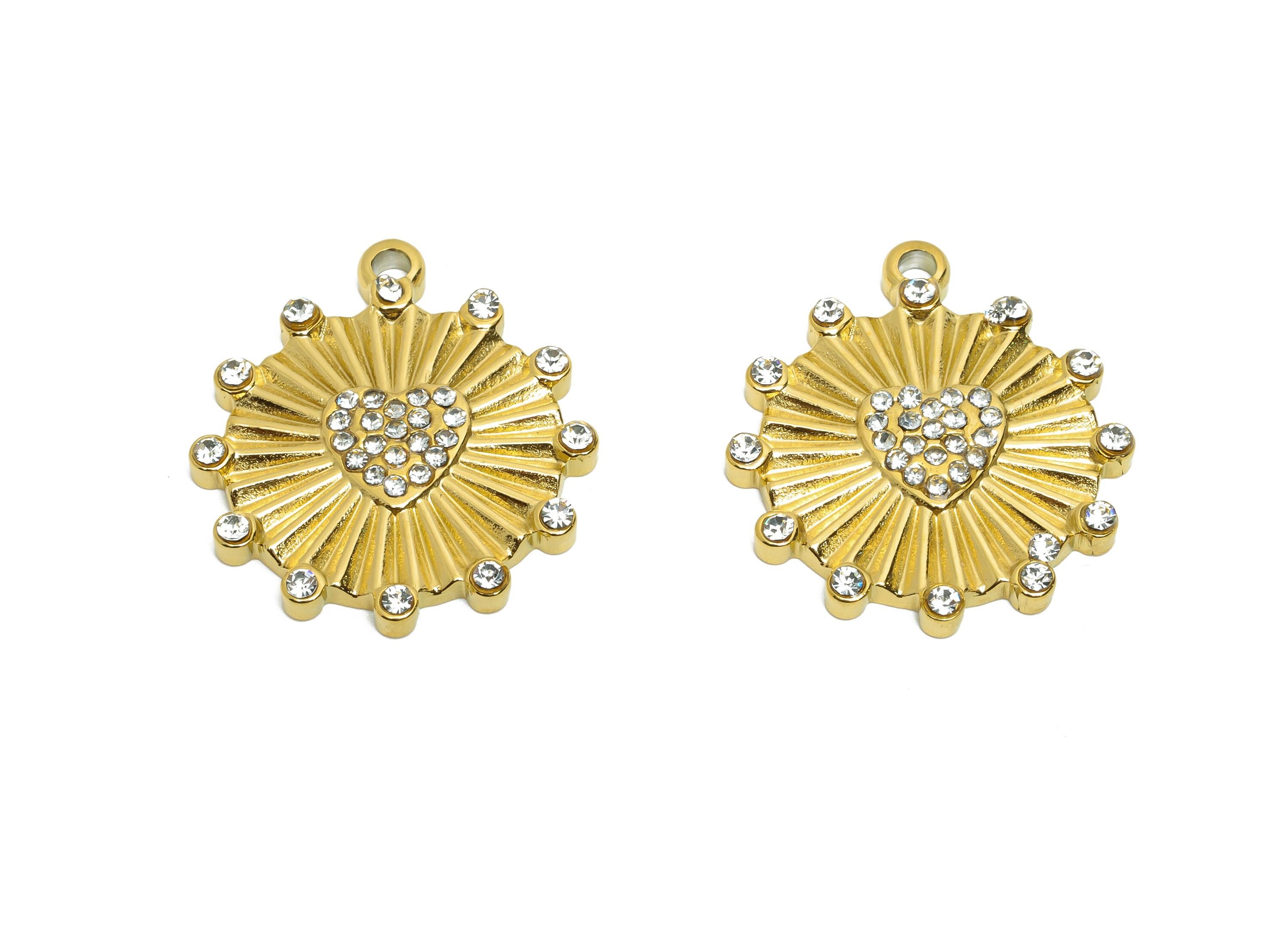 Stainless Steel Heart Charms - Textured Zircon Sunburst Heart Pendant - Shiny Sunray Heart Pendant - Steel Accessory - 22x19x2.53mm - SS1613 - DOMEDBAZAAR