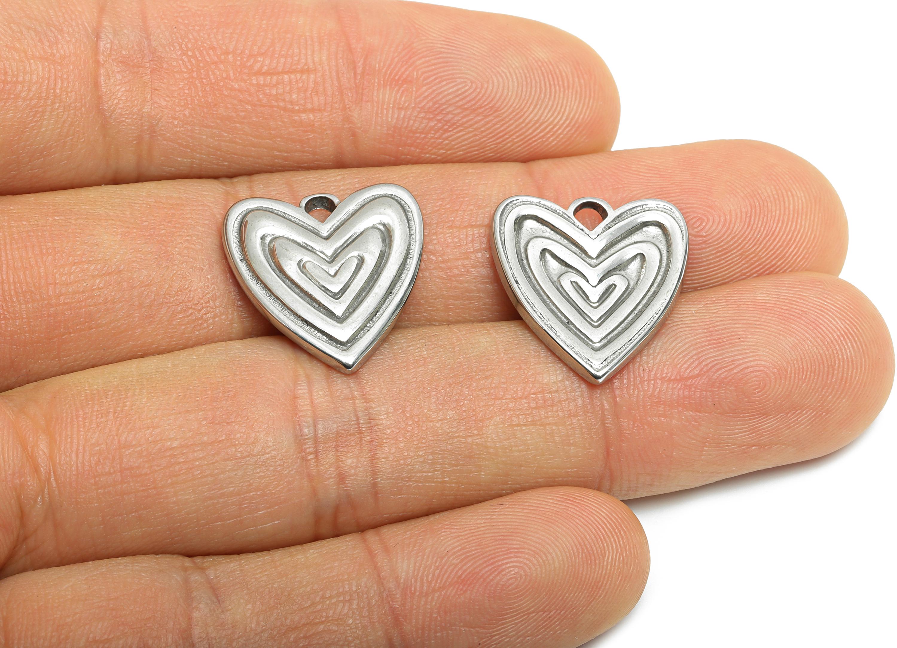 Stainless Steel Heart Charm - Layered Heart Charm - Minimalist Romantic Silver Color Pendant - Stainless Steel Jewelry - 18x17x2mm - SS2057 - DOMEDBAZAAR
