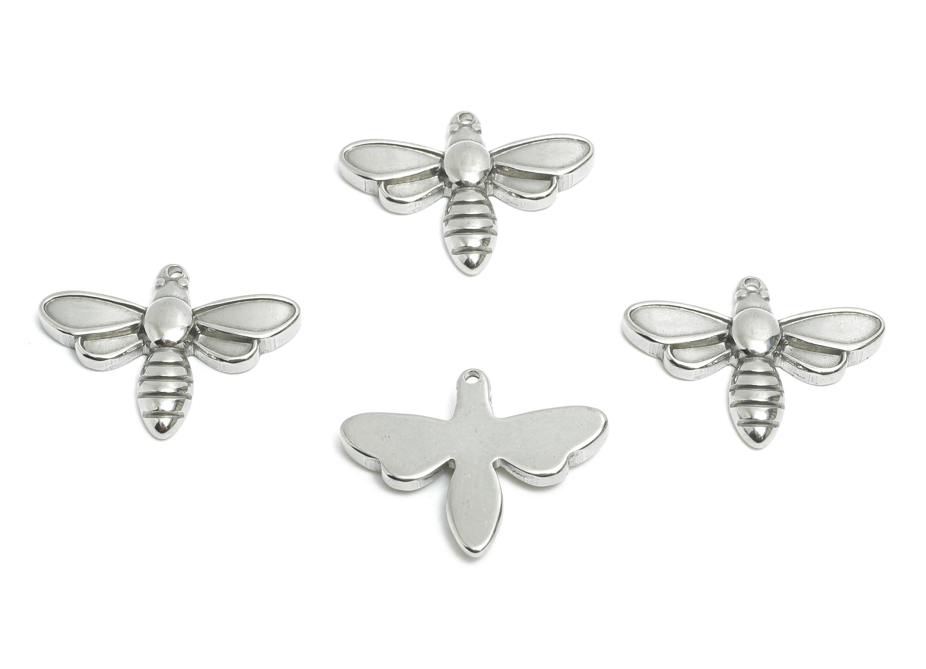 Stainless Steel Bee Charms - Modern Bee Insect Charms - Minimalist Silver Insect Pendant - Detailed Steel Jewelry - 16x20.6x2.75mm - SS1997 - DOMEDBAZAAR