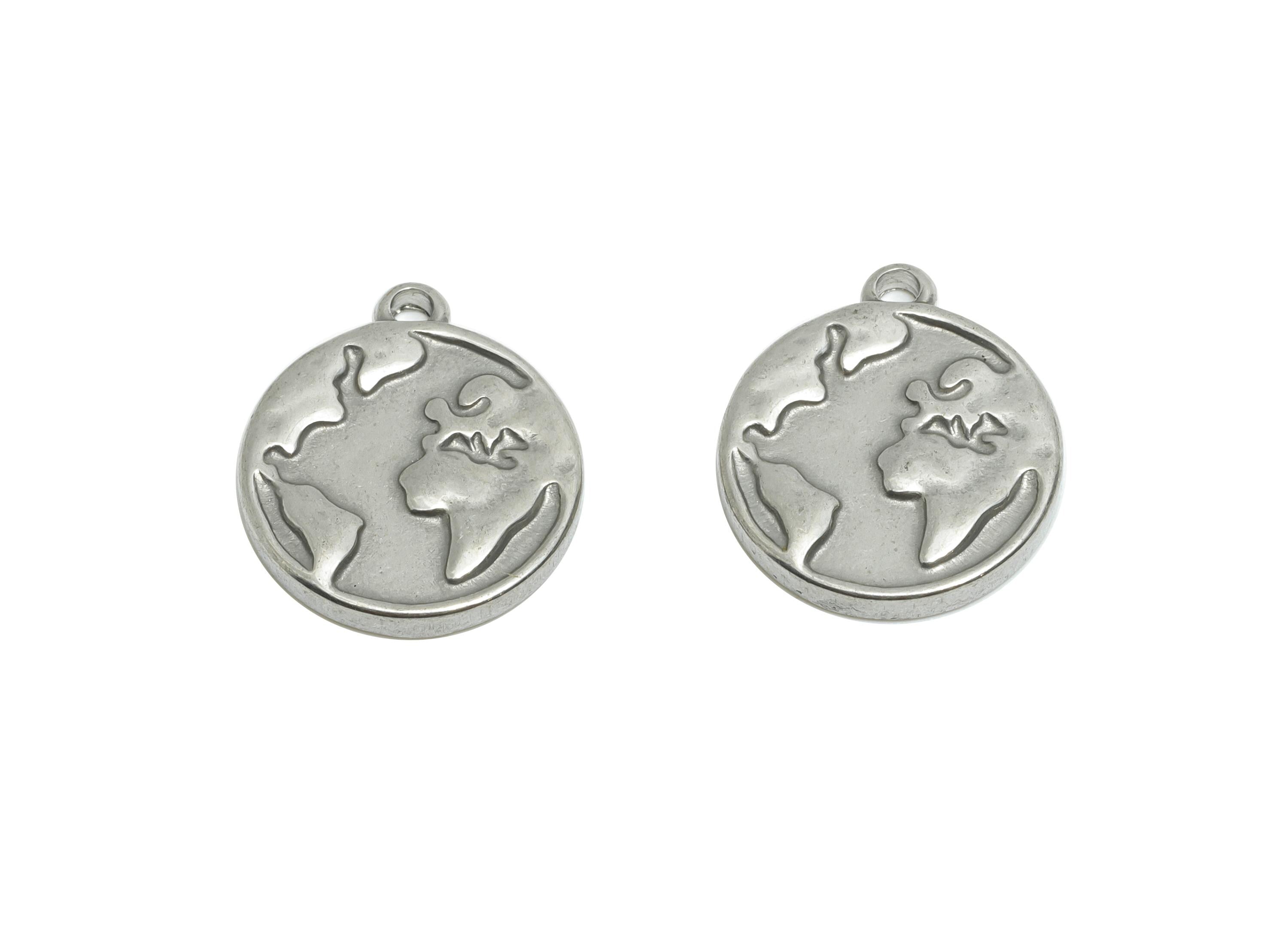 Stainless Steel Earth Charms - Round Steel Globe Pendant - Minimalist Planet Design - Dainty World Map Jewelry - 14.38x12.33x1.97mm - SS2045 - DOMEDBAZAAR