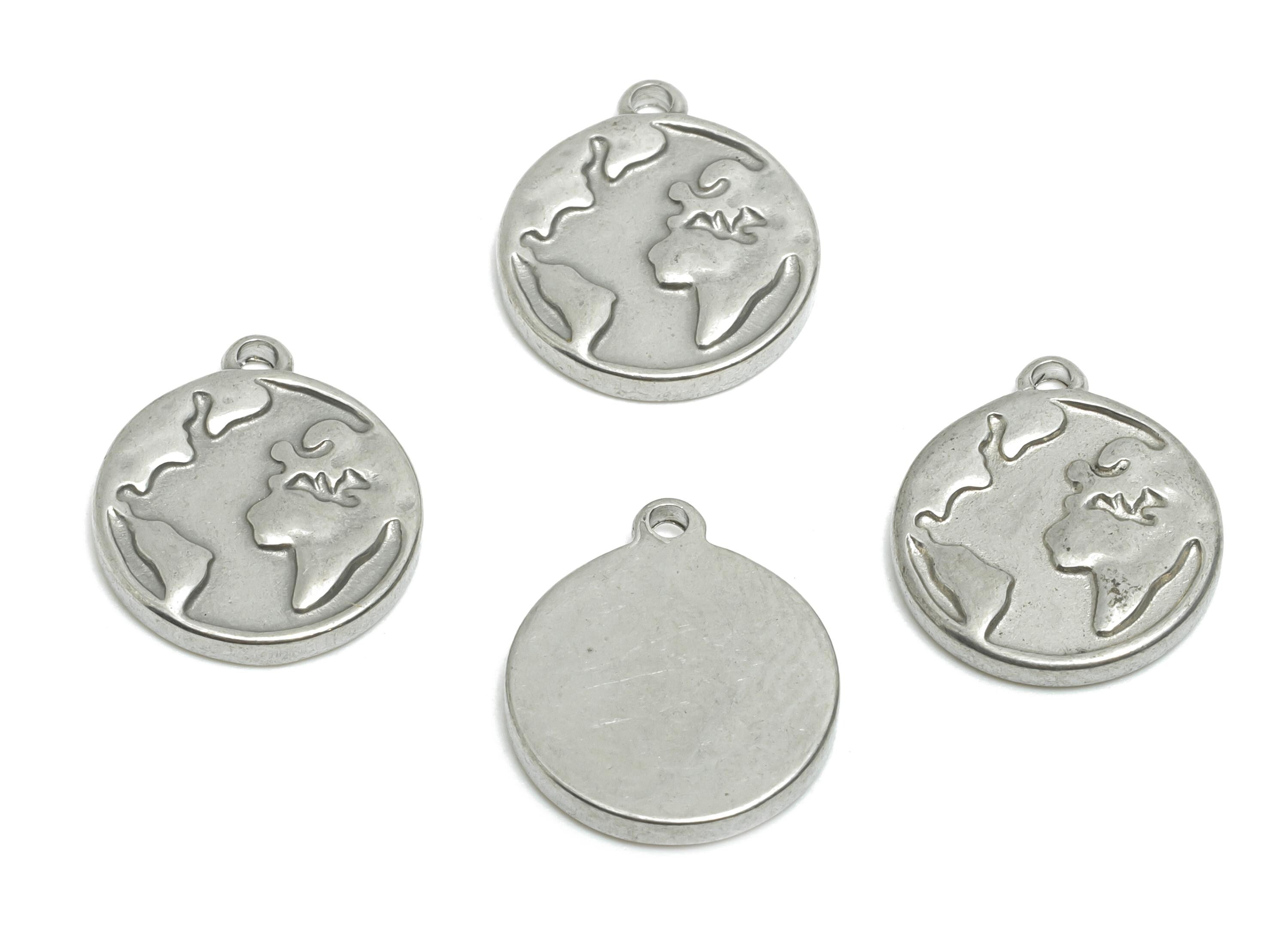 Stainless Steel Earth Charms - Round Steel Globe Pendant - Minimalist Planet Design - Dainty World Map Jewelry - 14.38x12.33x1.97mm - SS2045 - DOMEDBAZAAR