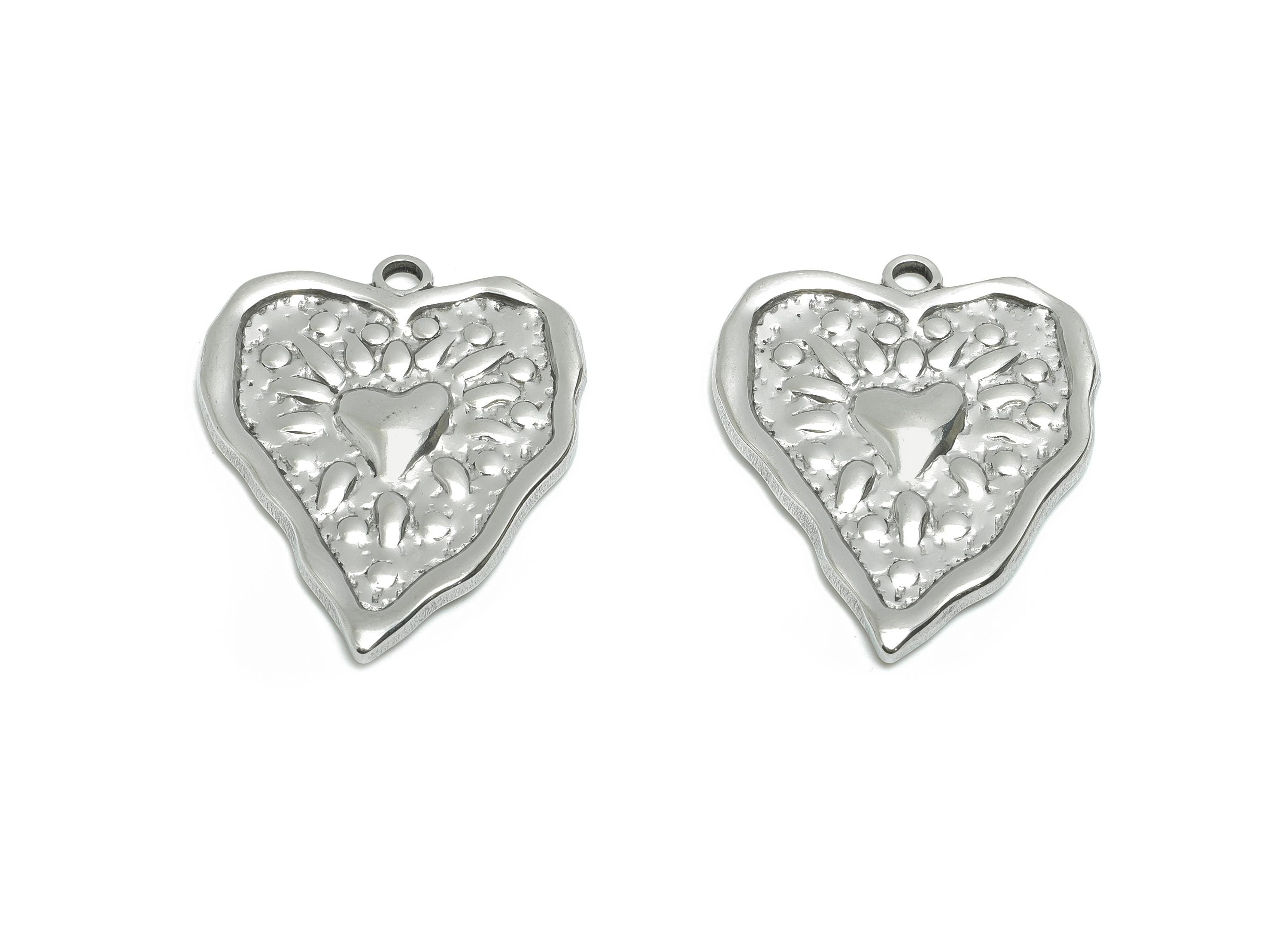 Stainless Steel Heart Charms - Hammered Modern Heart Pendant for Necklace - Romantic Heart Jewelry - Steel Finding - 35.94x29x2.7mm - SS2049 - DOMEDBAZAAR