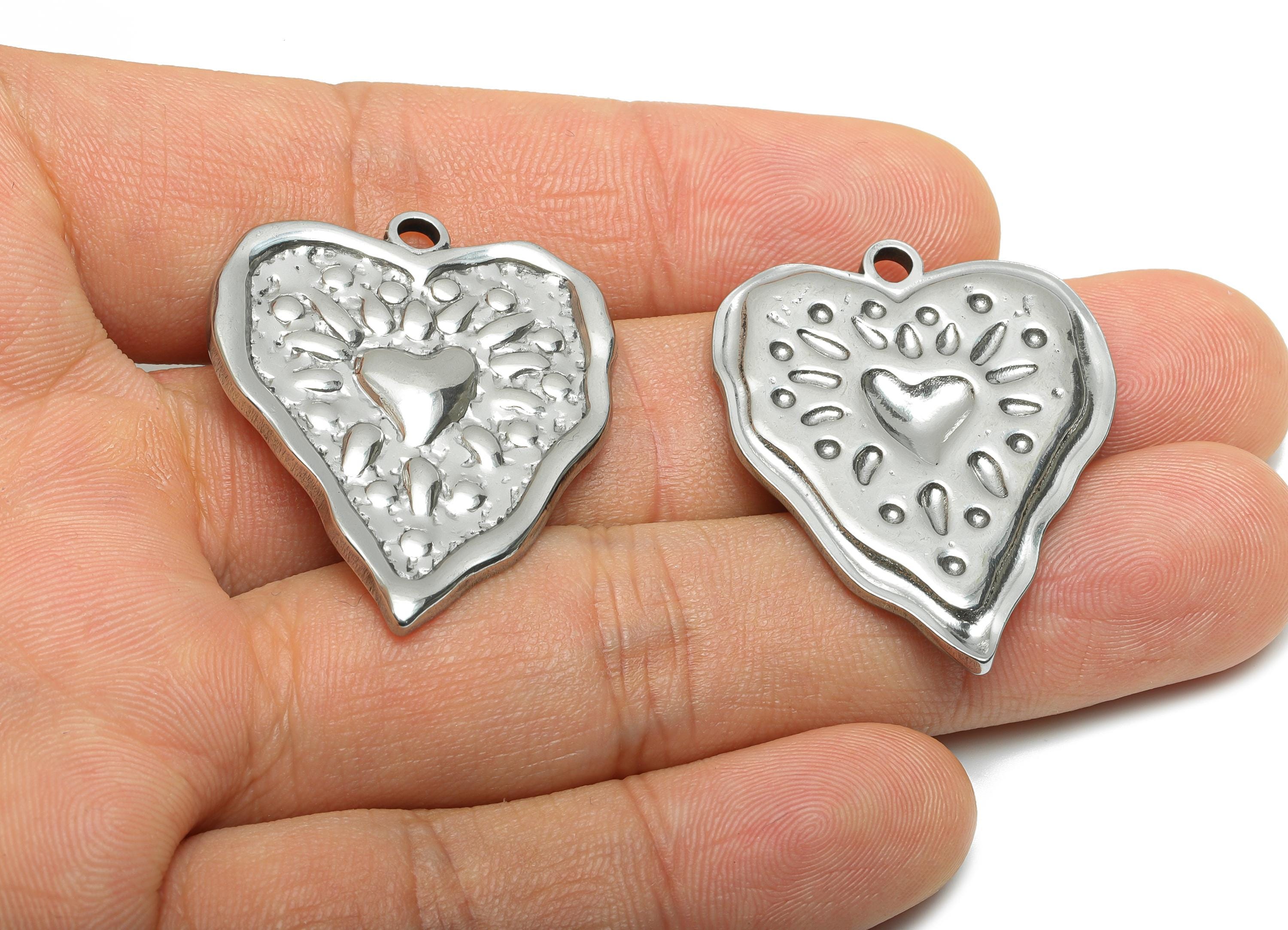 Stainless Steel Heart Charms - Hammered Modern Heart Pendant for Necklace - Romantic Heart Jewelry - Steel Finding - 35.94x29x2.7mm - SS2049 - DOMEDBAZAAR