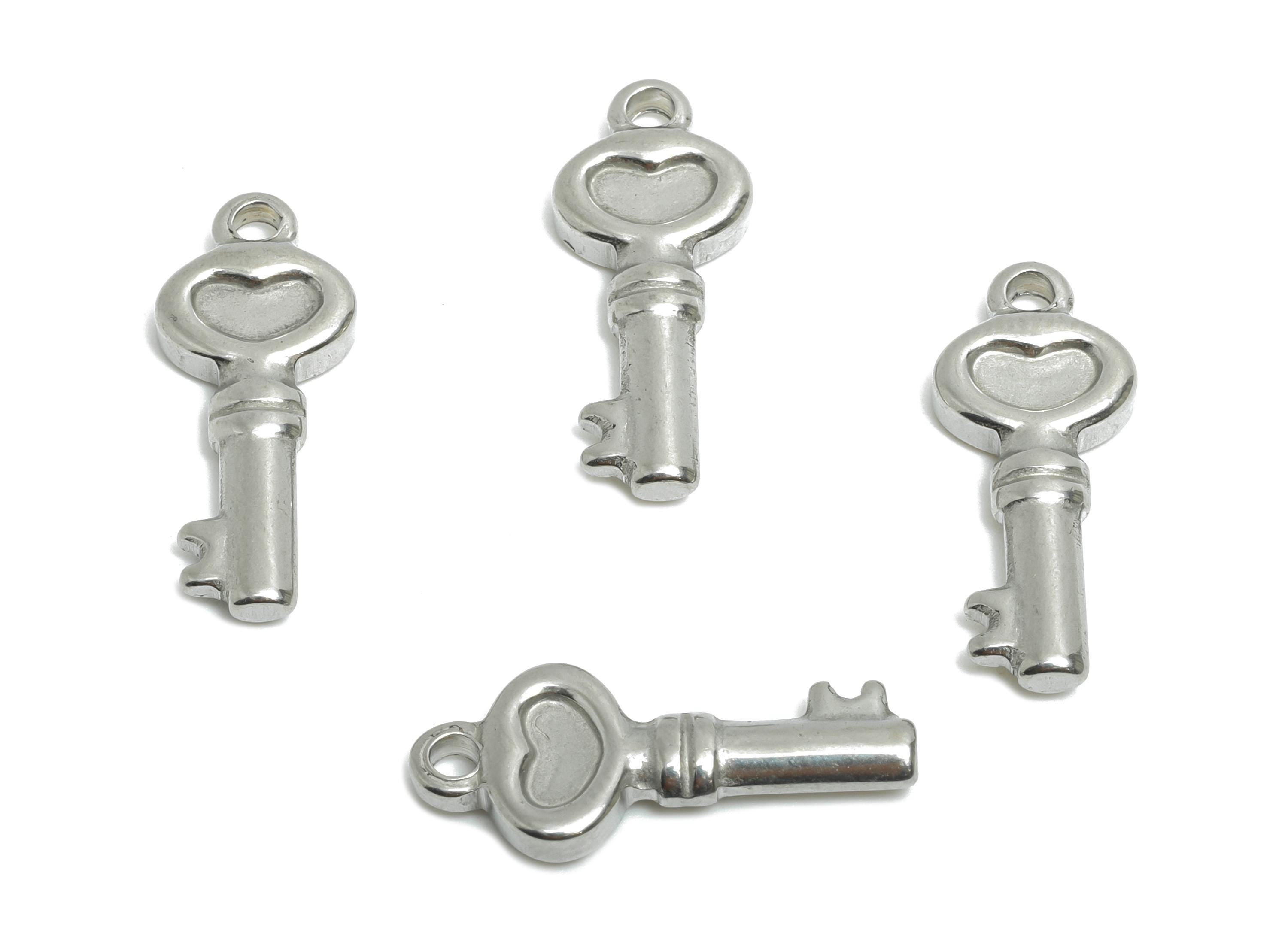 Stainless Steel Heart Key Charm - Vintage Steel Key Necklace Pendant - Antique Key Design - Heartfelt Key Jewelry - 20x8.28x2.59mm - SS2006 - DOMEDBAZAAR