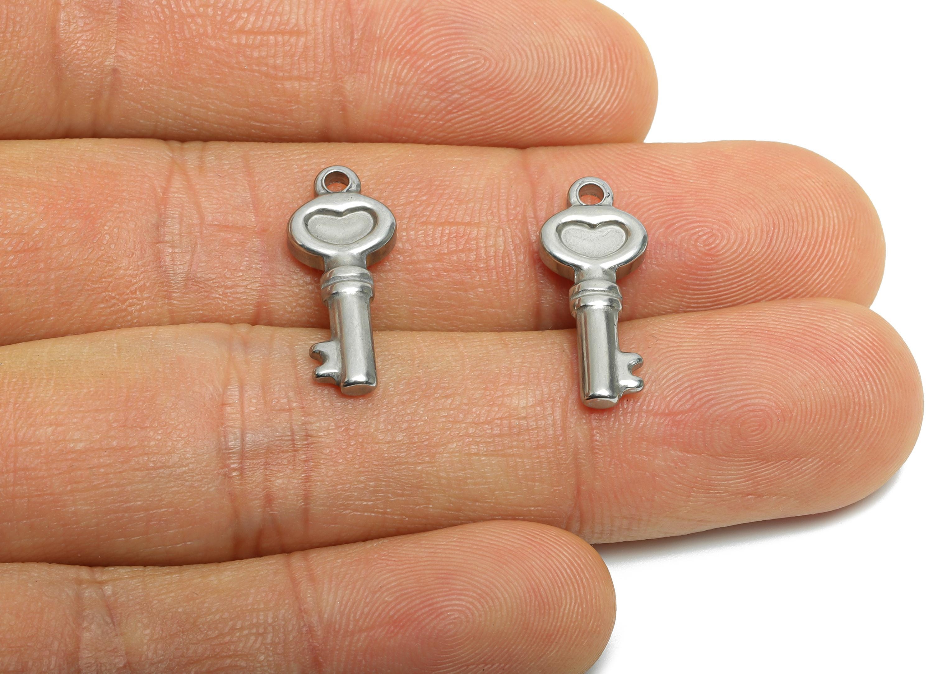 Stainless Steel Heart Key Charm - Vintage Steel Key Necklace Pendant - Antique Key Design - Heartfelt Key Jewelry - 20x8.28x2.59mm - SS2006 - DOMEDBAZAAR