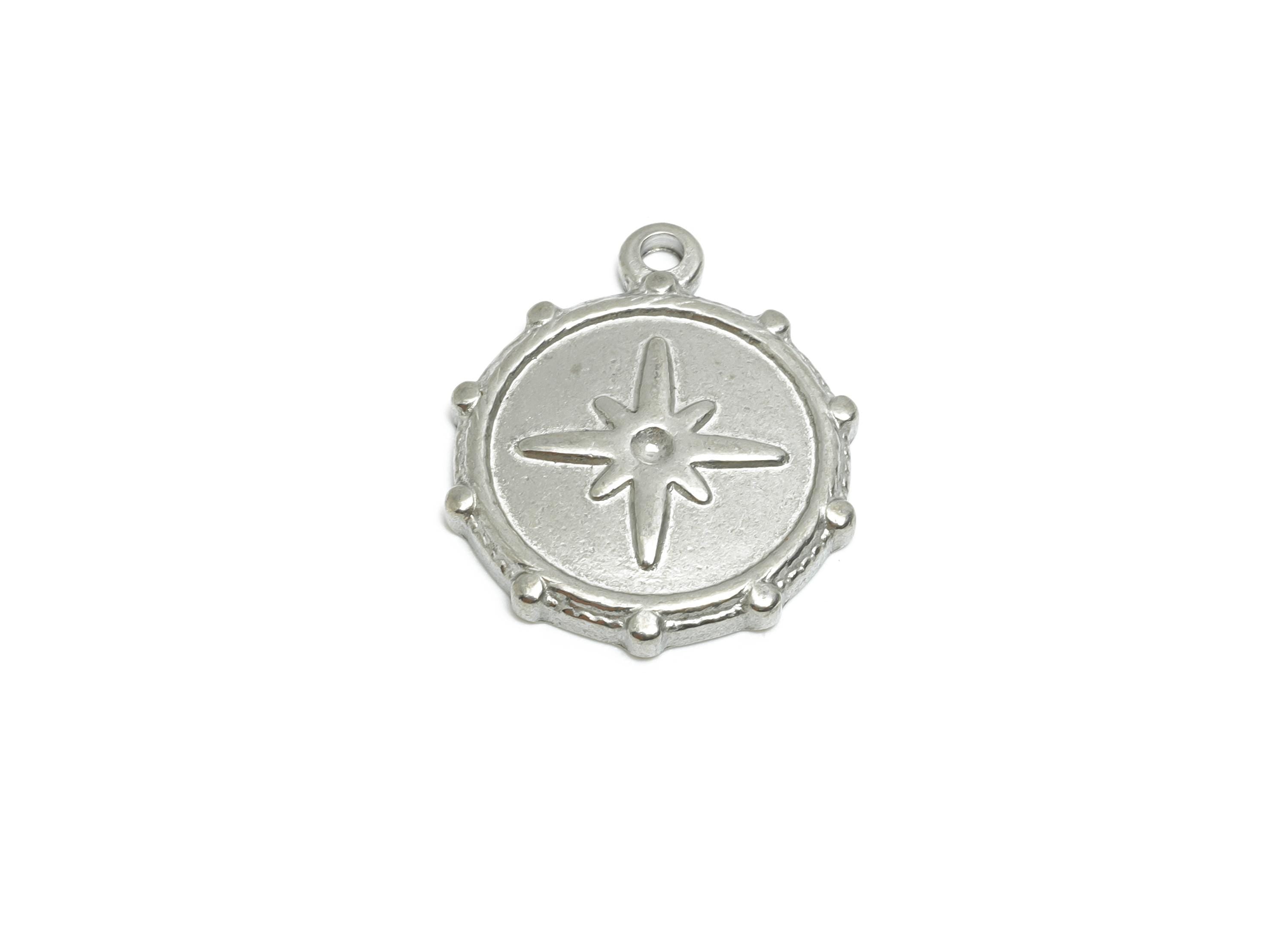Steel Compass Star Pendant - Stainless Steel Antique Compass Charm - Celestial Handcrafted Metallic Compass Pendant - 19x16x2mm - SS1996 - DOMEDBAZAAR