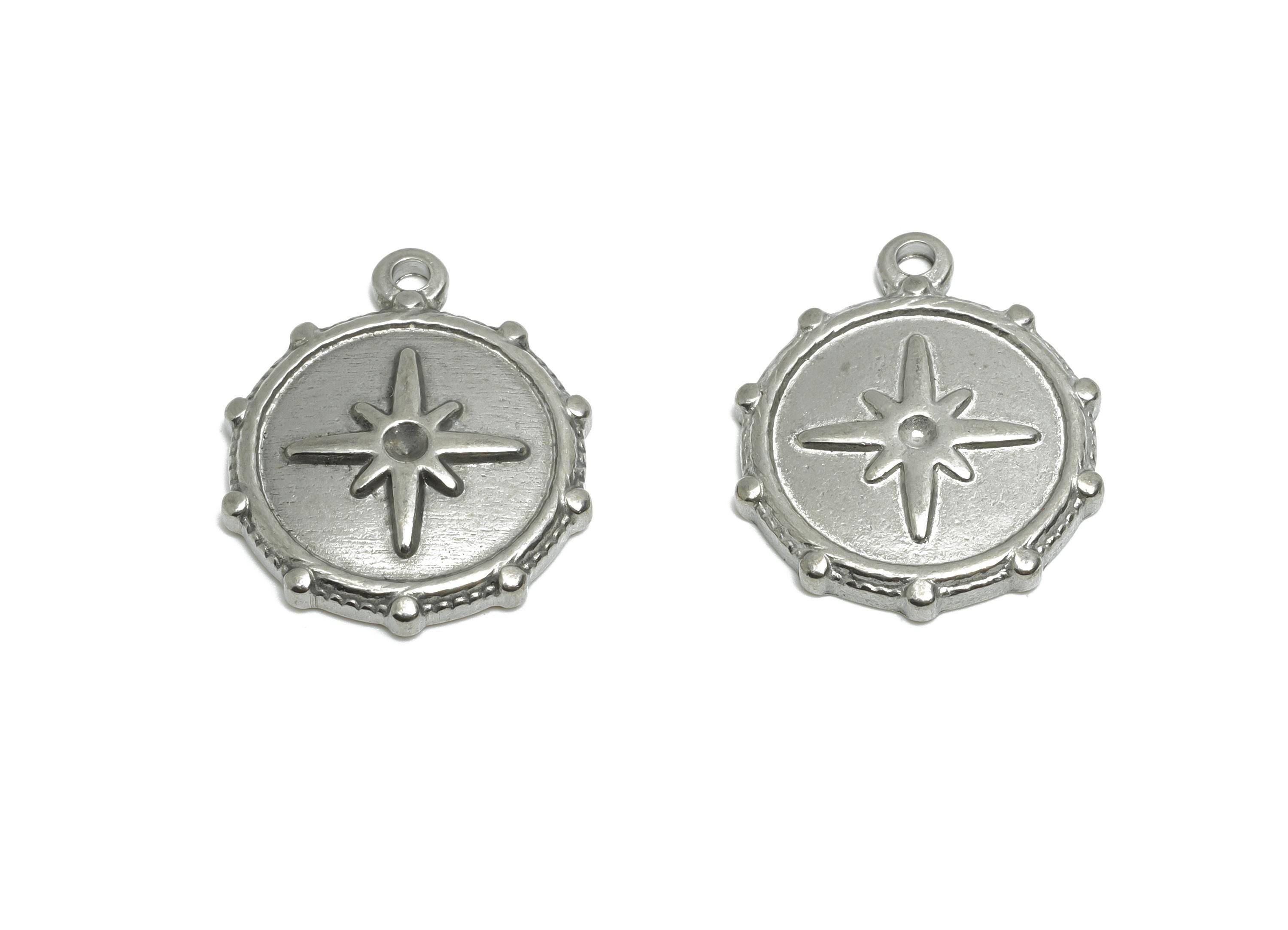 Steel Compass Star Pendant - Stainless Steel Antique Compass Charm - Celestial Handcrafted Metallic Compass Pendant - 19x16x2mm - SS1996 - DOMEDBAZAAR