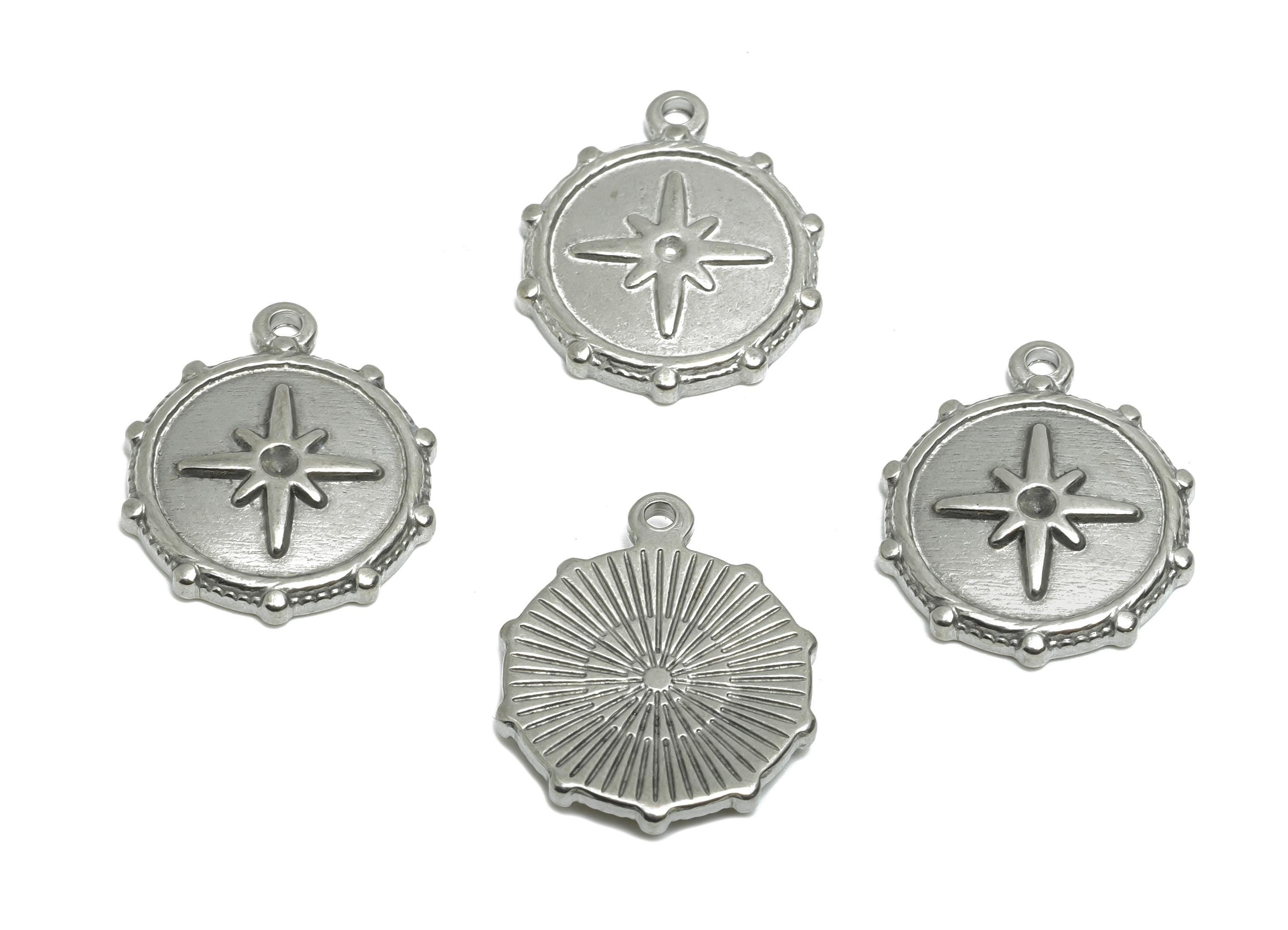 Steel Compass Star Pendant - Stainless Steel Antique Compass Charm - Celestial Handcrafted Metallic Compass Pendant - 19x16x2mm - SS1996 - DOMEDBAZAAR