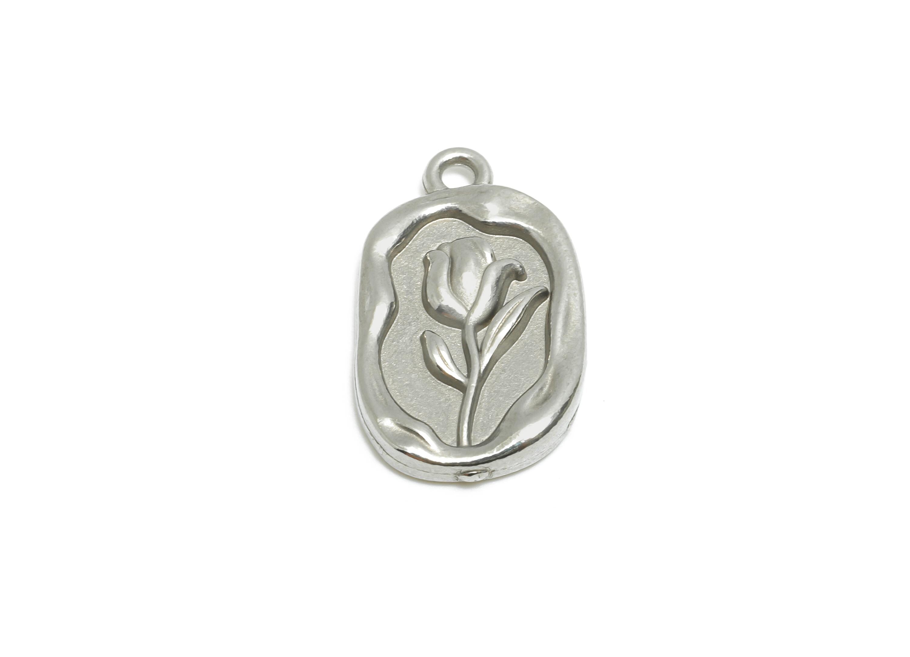 Stainless Steel Oval Tulip Charm - Elegant Steel Botanical Flower Pendant - Minimalist Flower Accent - Steel Finding - 20x12x2.86mm - SS1994 - DOMEDBAZAAR