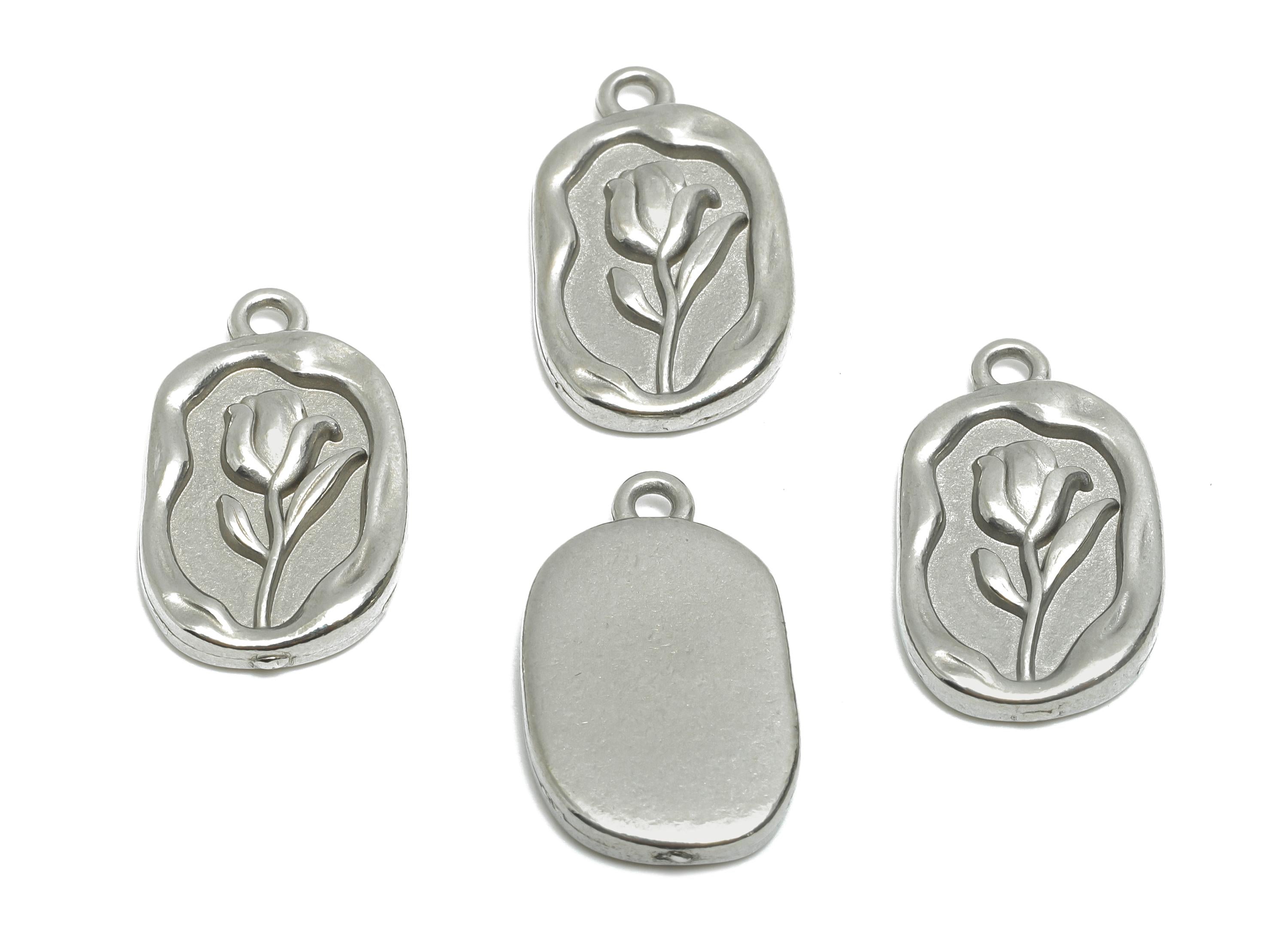 Stainless Steel Oval Tulip Charm - Elegant Steel Botanical Flower Pendant - Minimalist Flower Accent - Steel Finding - 20x12x2.86mm - SS1994 - DOMEDBAZAAR