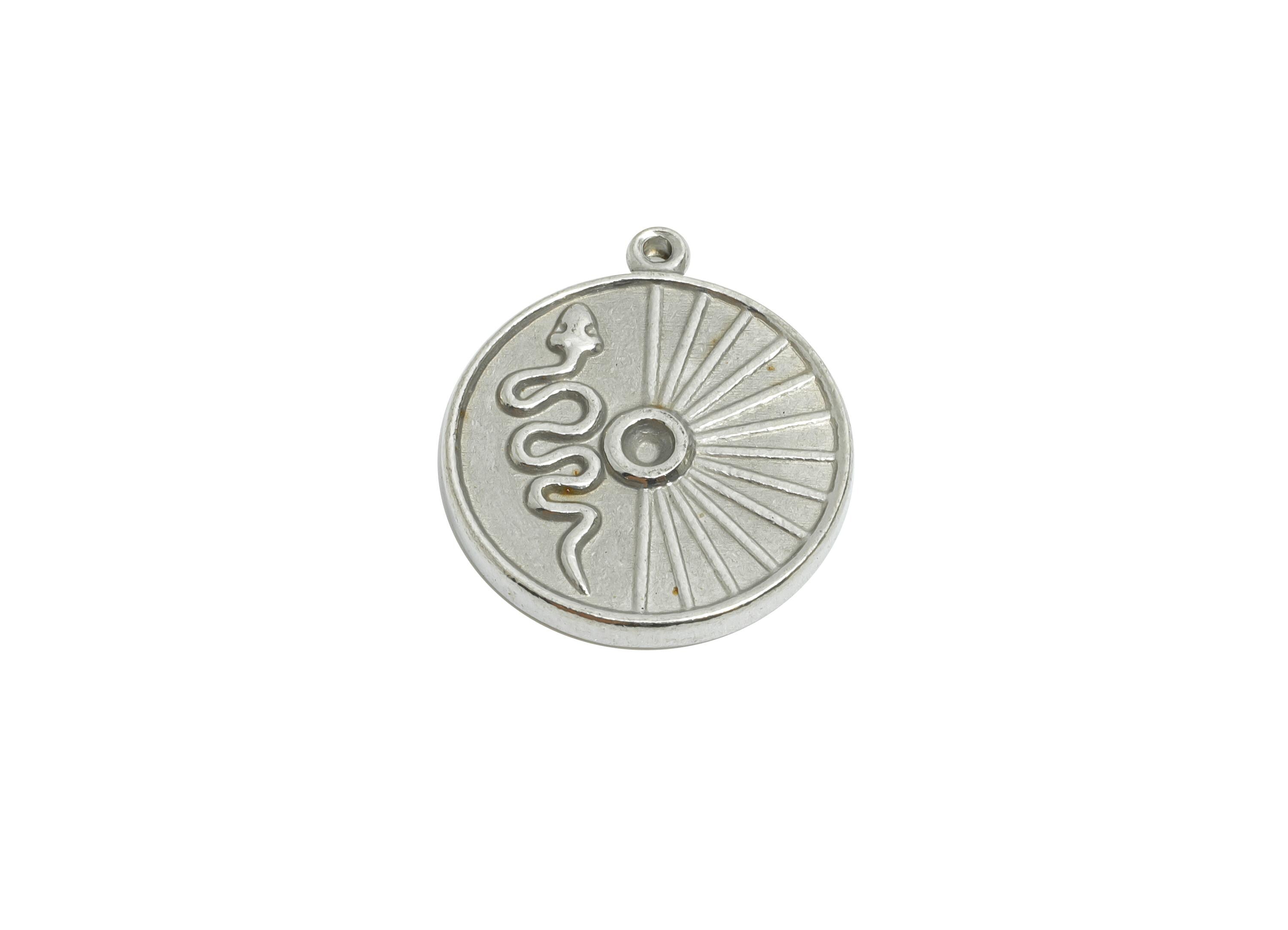 Steel Snake and Sun Charms - Radiant Sunburst Disc Pendant with Snake - Mystical Snake Jewelry Accent - Steel Finding - 17.3x15x2mm - SS2004 - DOMEDBAZAAR