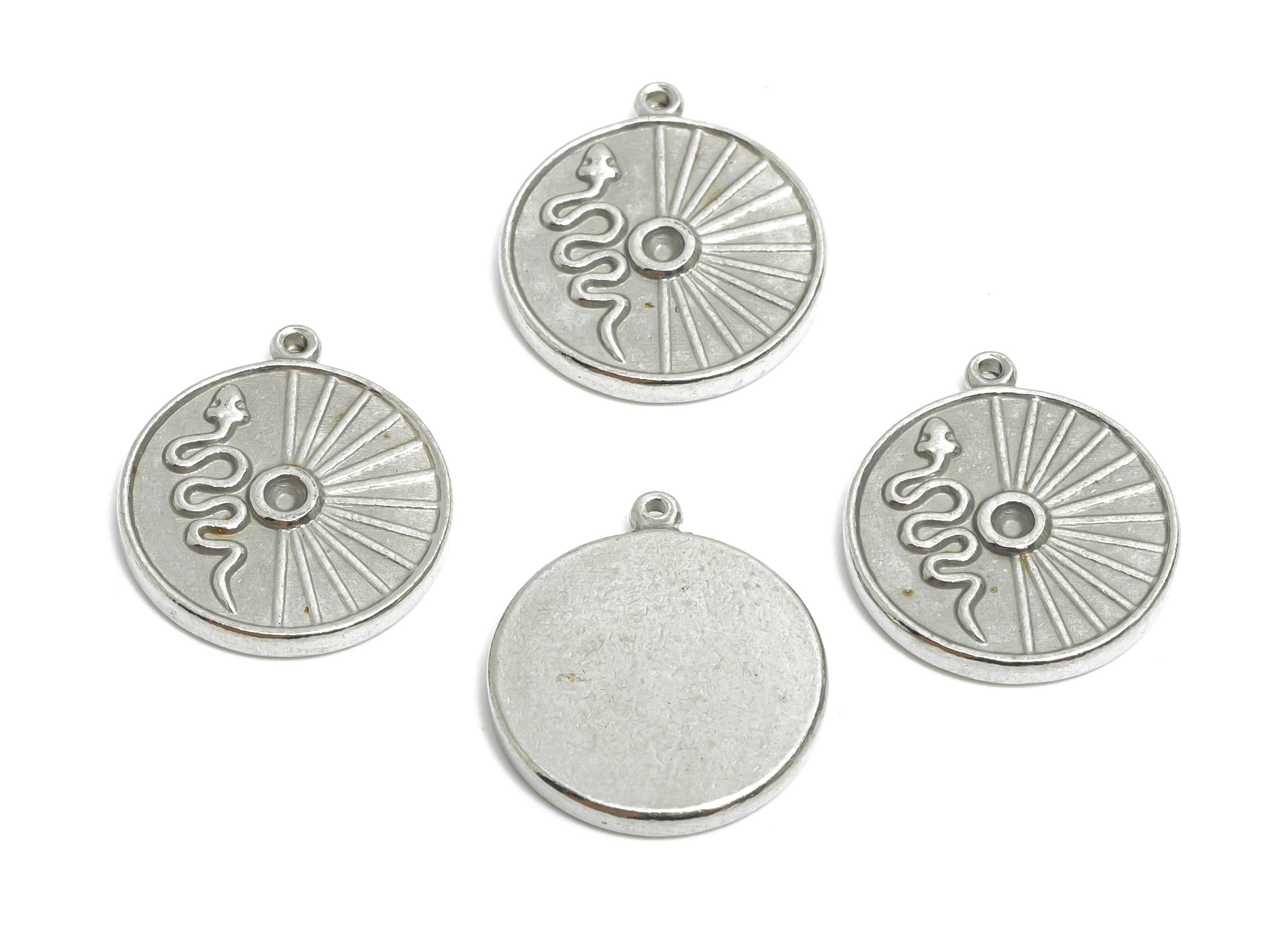 Steel Snake and Sun Charms - Radiant Sunburst Disc Pendant with Snake - Mystical Snake Jewelry Accent - Steel Finding - 17.3x15x2mm - SS2004 - DOMEDBAZAAR