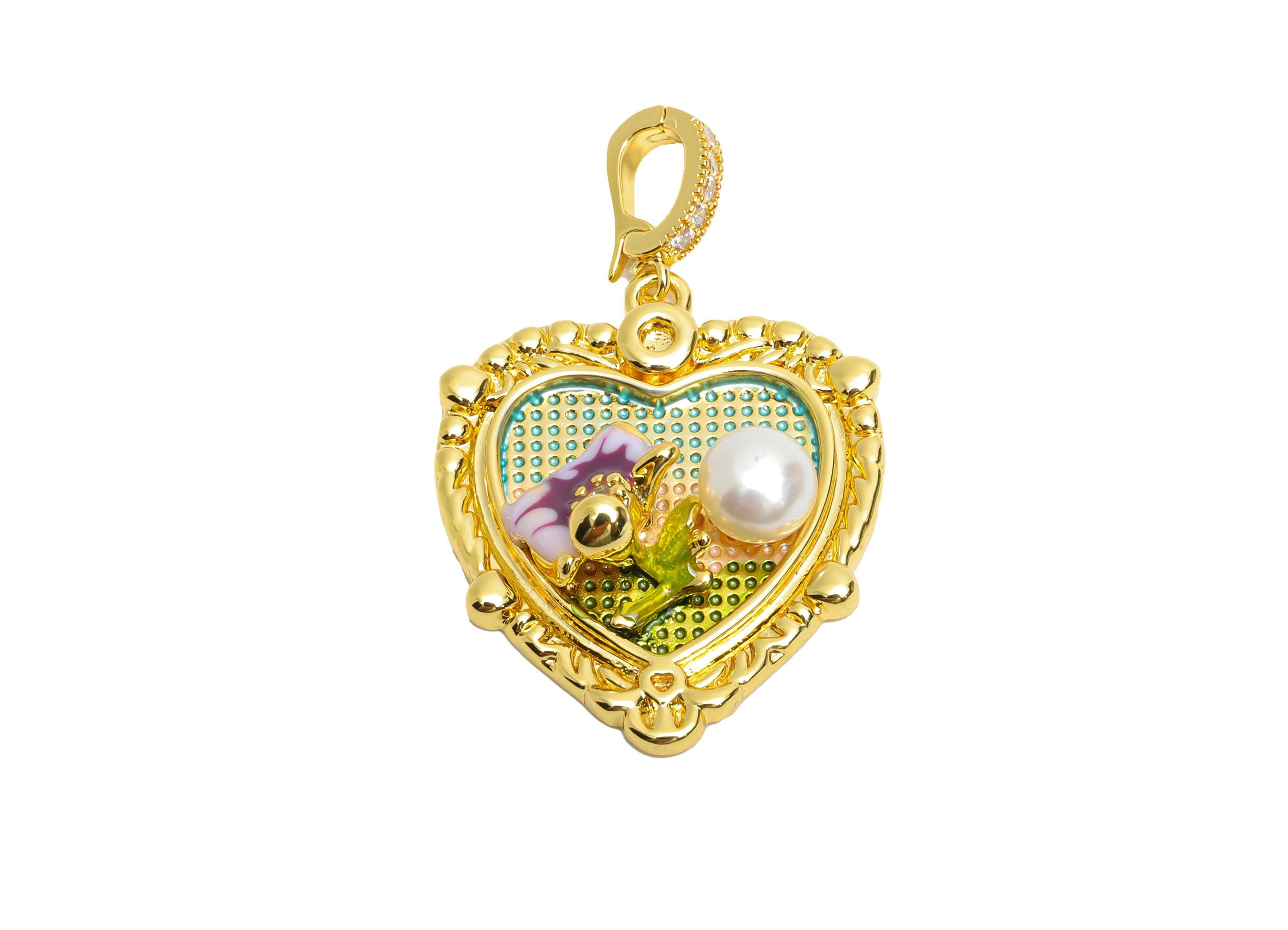 Romantic Heart Pendant - Brass Enamel Pendant With Pearl - Dainty Necklace Charm With Bail - 18K Real Gold Plated - 29x24x6mm - RGP10723 - DOMEDBAZAAR
