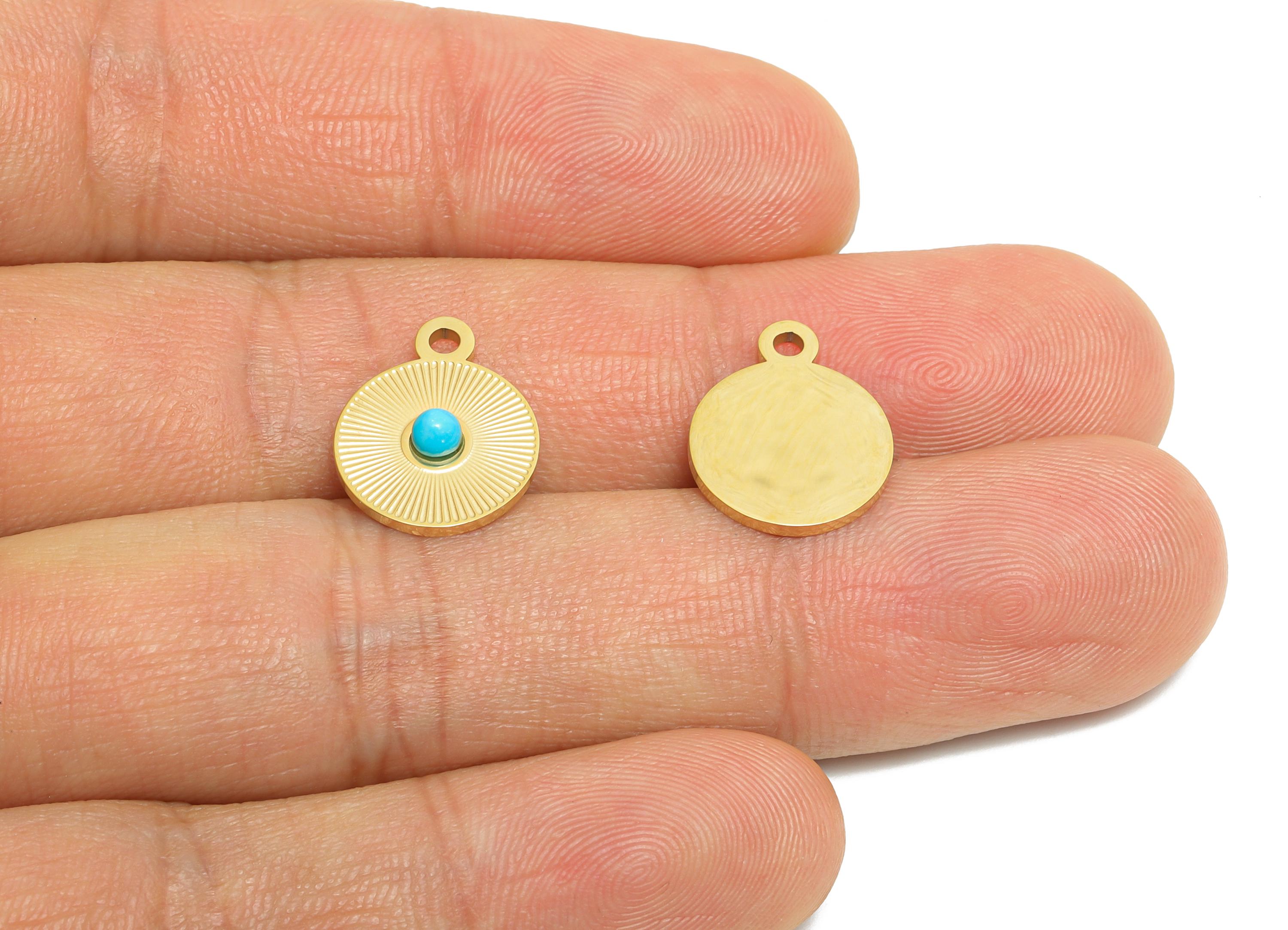 Steel Natural Stone Pendant - Textured Circular Bright Blue Stone Detail Pendant - Natural Stone Jewelry - 14K Real Gold - 15x12x3mm -SS1670 - DOMEDBAZAAR