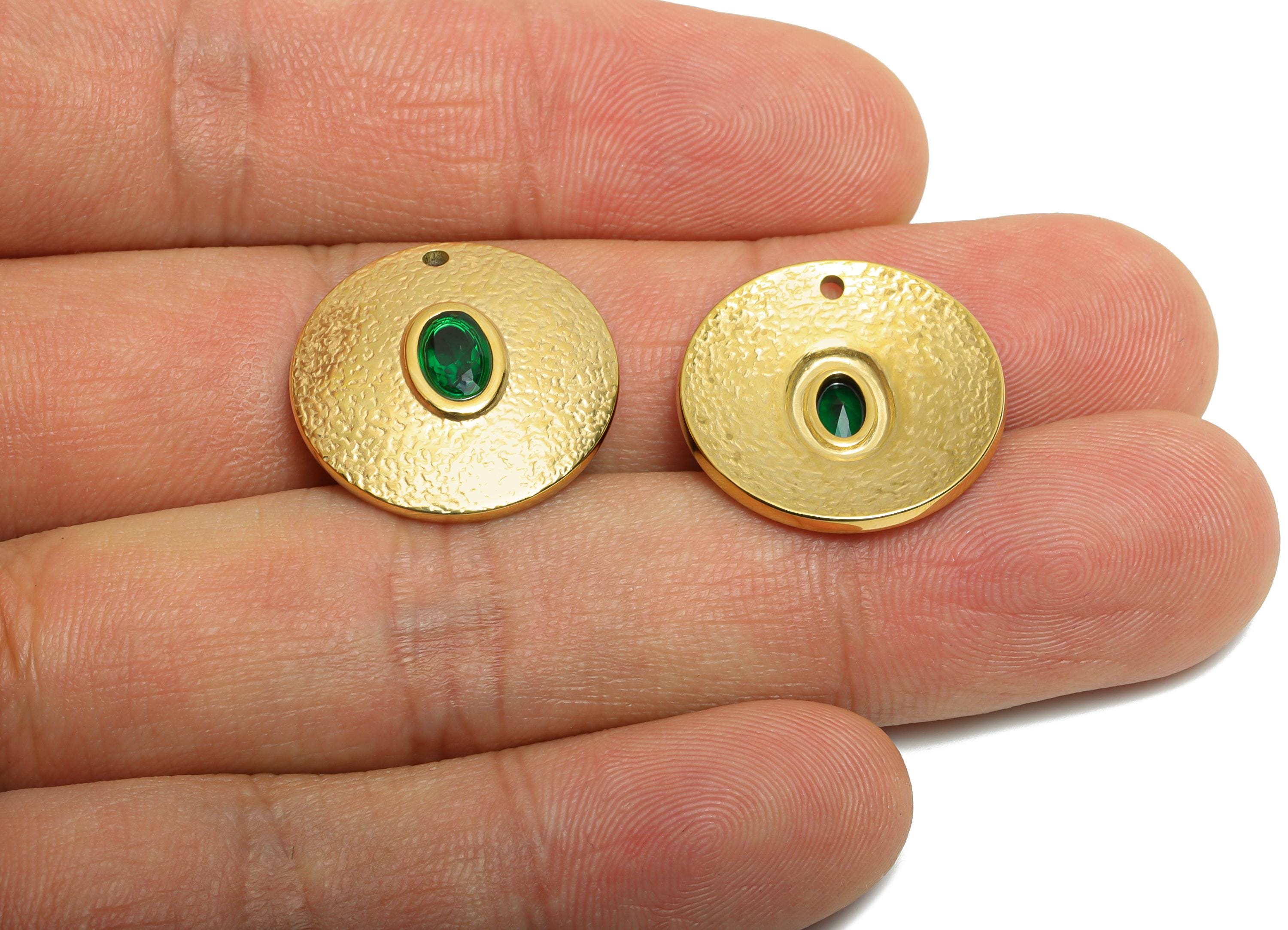 Steel Natural Stone Pendant - Vintage Oval Green Stone Gold Charm - Textured Pendant With Green Gemstone - 14K Real Gold - 19x19x4mm -SS1674 - DOMEDBAZAAR
