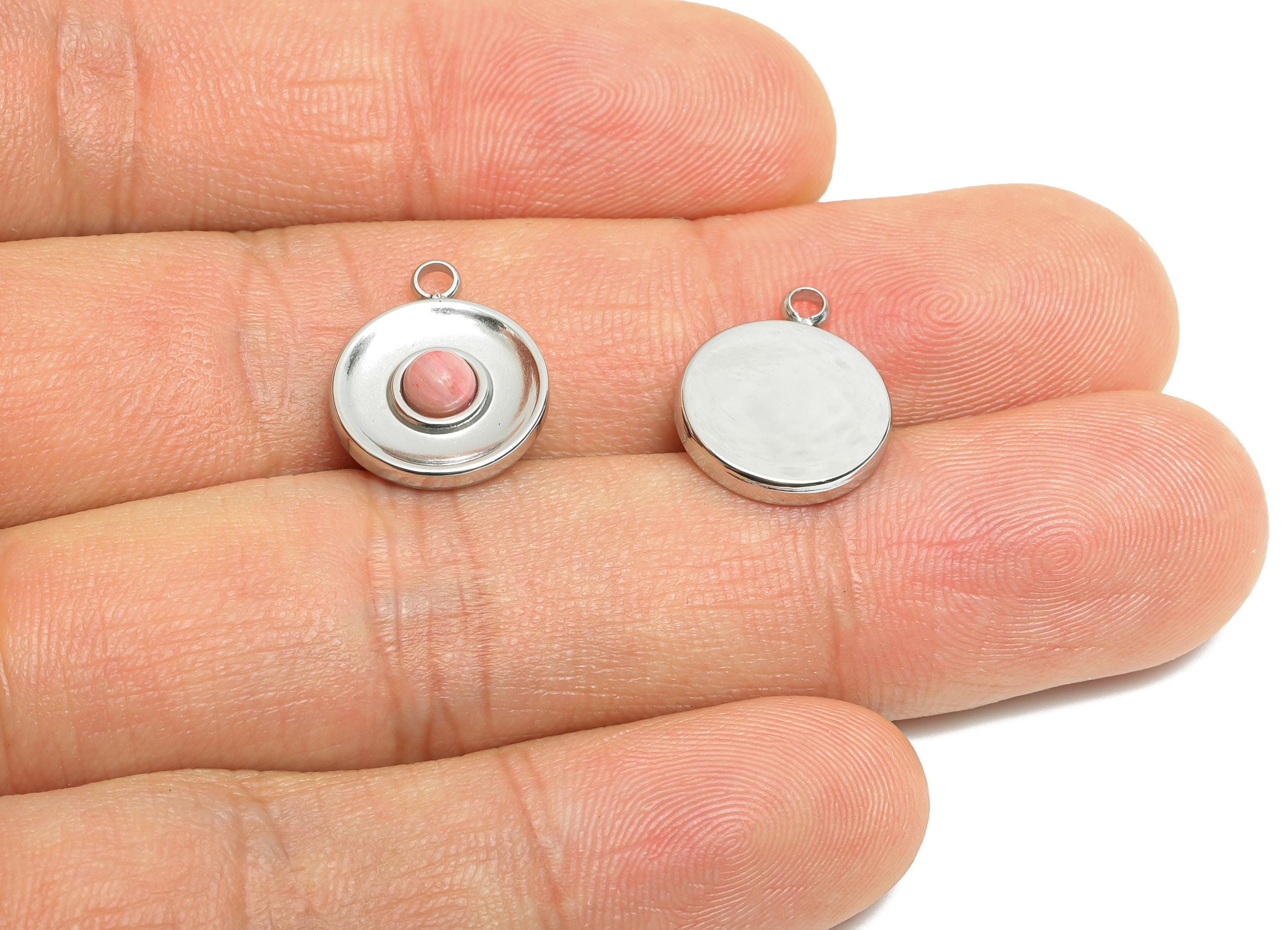 Steel Natural Stone Charms - Artisanal Circular Stone Detail Pendant - Decorative Gemstone Pendant - Steel Jewelry DIY - 15x12x3mm - SS1679 - DOMEDBAZAAR