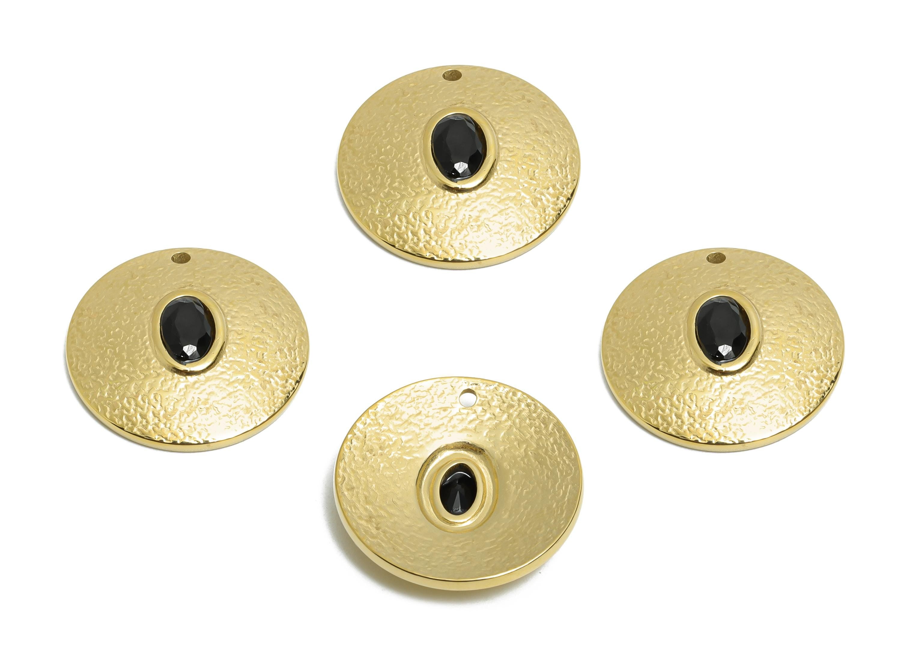 Steel CZ Round Pendant - Vintage Oval Deep Blue Charm - Textured Pendant With Cubic Zircon - 14K Real Gold - 19x19x4mm -SS1681 - DOMEDBAZAAR