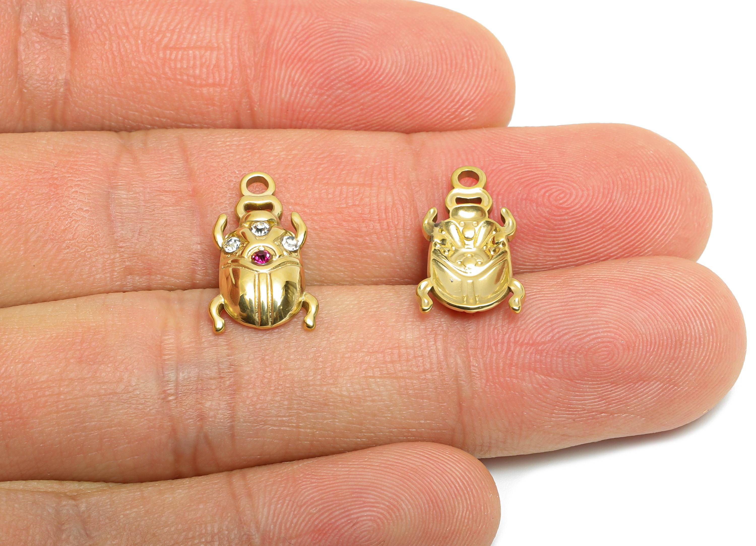 Crystals Scarab Pendant - Steel Elegant Scarab Necklace Charm - Shiny Charm With Cubic Zircon - 14k Real Gold Jewelry - 17x9x3mm - SS1675 - DOMEDBAZAAR