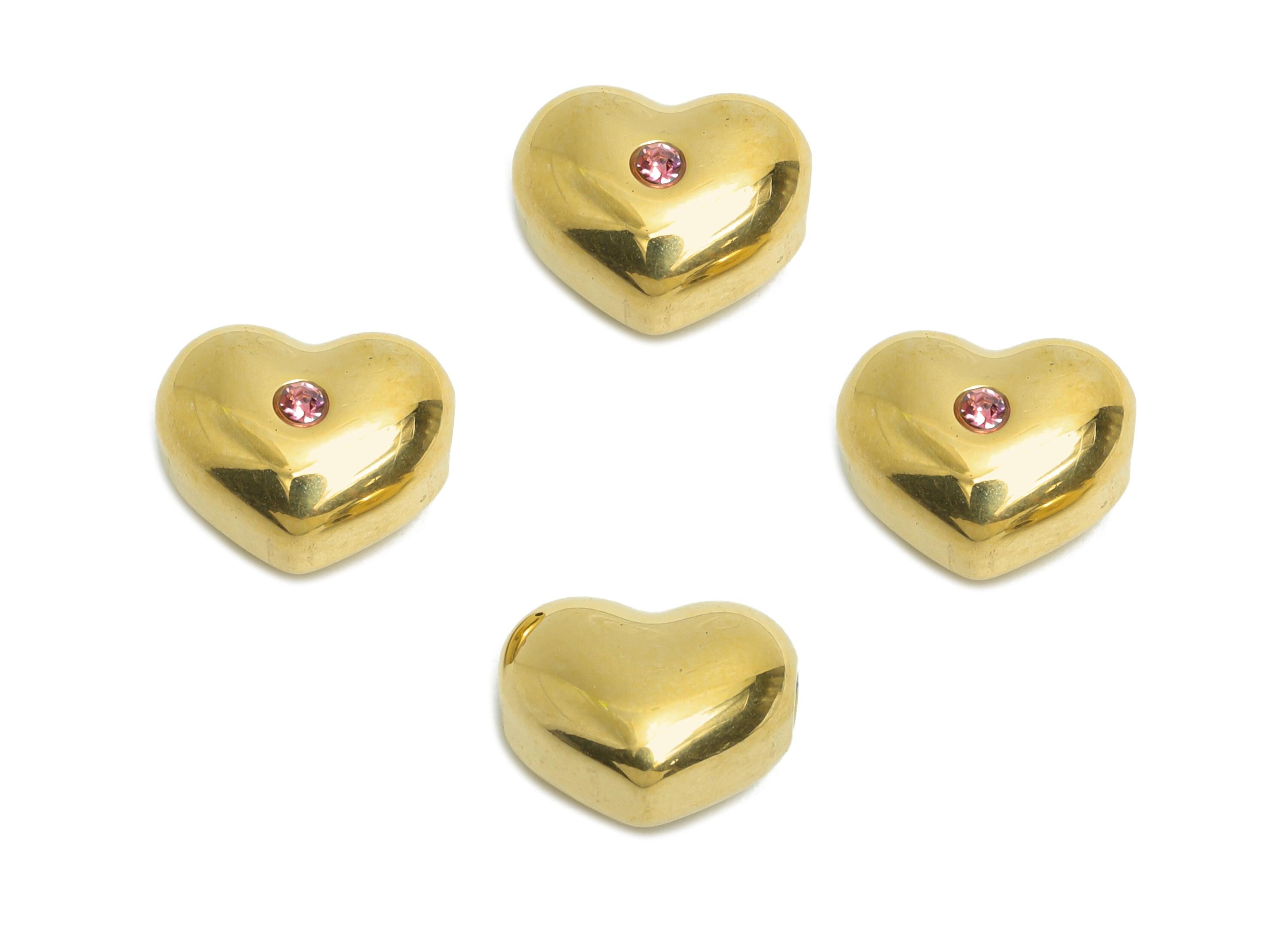 Shiny Gold CZ Heart Bead - Beads With Sparkling Pink Crystals - Sparking Heart Cubic Zircon Bead - 14K Real Gold - 10x8x6mm - SS1677 - DOMEDBAZAAR