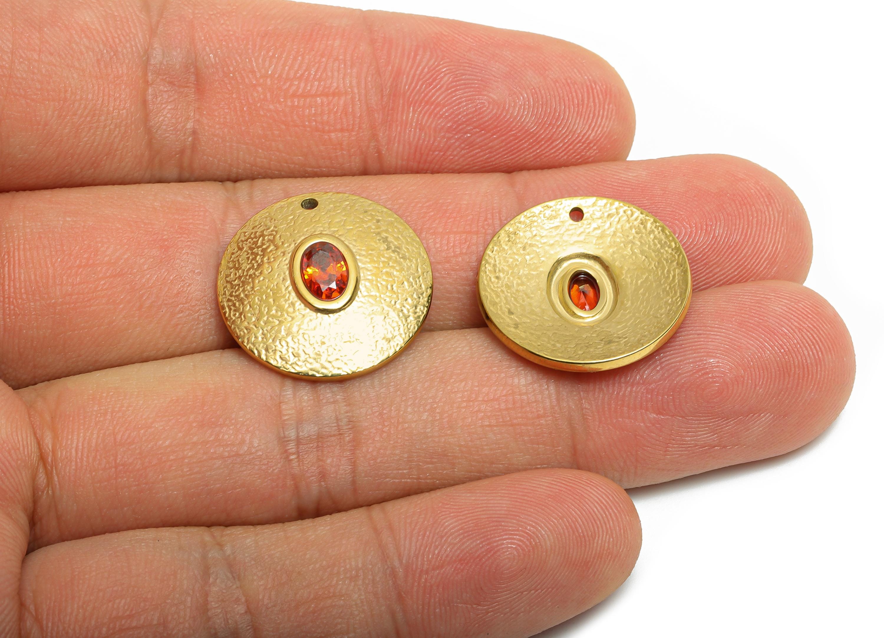 Steel CZ Textured Round Pendant - Vintage Oval Cubic Zircon Charm - Sparking Textured Necklace Charm - 14K Real Gold - 19x19x4mm - SS1673 - DOMEDBAZAAR