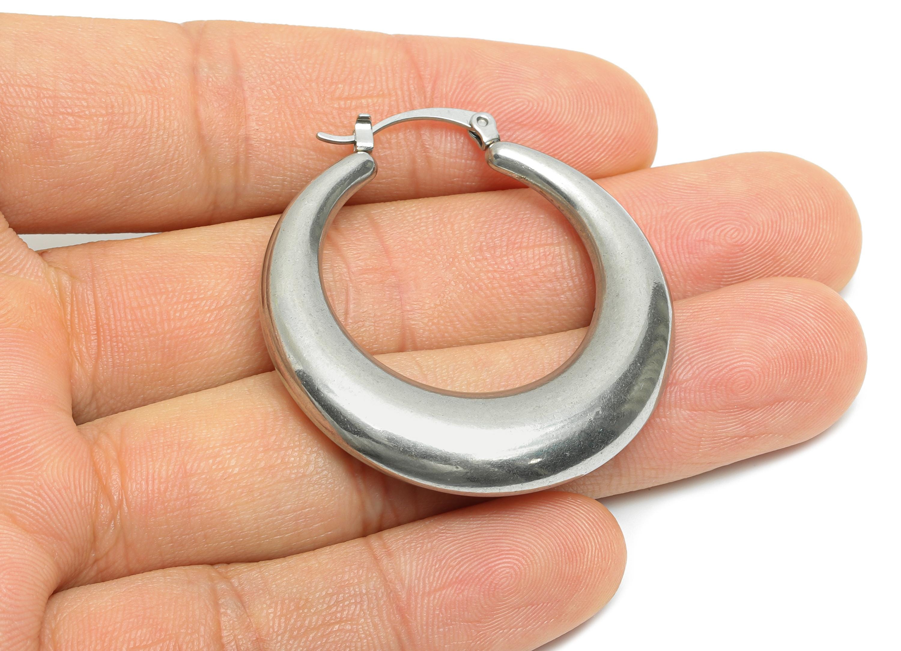 Steel Hoop Earring - Smooth Silver Crescent Hoop Earring - Hinged Back - Minimalist Steel Hoop Jewelry - Steel Finding - 40x42x7mm - SS1694 - DOMEDBAZAAR